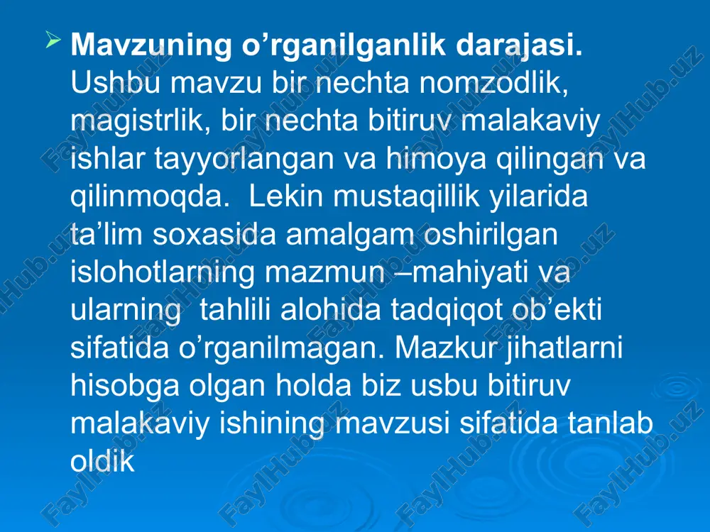lgan kadrlarni tarbiyalash zamon talabi edi. shunday ekan, ushbu jarayonda ta’lim tizimini tubdan isloh qilish, dunyoning rivojlangan davlatlari bilan ushbu sohada hamkorlikni kuchaytirish eng muhim vazifalardan biri bo‘lib turardi. shuning zero, prezidentimiz islom abdug‘anievich karimov ta’kidlaganlaridek, - "yosh respublikamiz mustaqilligiga rahna solishi mumkin bo‘lgan ichki va tashqi salbiy omillar fuqarolarning hushyor bo‘lishlari, vatanparvarlik ruhi bilan nafas olishlari, harakat, faoliyat yo‘nalish belgilari hayot – mamot masalni bo‘lib turibdi. bularning barchasi nafaqat iqtisodiy, siyosiy sohada, balki ma’naviy-ma’rifiy jabhalarda, jumladan uning tarkibiy qismi bo‘lgan ta’lim – tarbiya tizimida jiddiy islohatlar o‘tkazishni va bunda inson shaxsi, o‘z ichki salohiyotini eng ko‘p darajada namoyon eta oladigan muhitni yaratishni talab etmoqda" 1 deydi. 1 karimov i.a. barkomol avlod orzusi. - t., o'zbekiston milliy entsiklopediyasi. 2000 yil. 10 bet. prezidentimiz ta’lim tarbiya tizimini isloh qilayotganda bir muhim masalaga katta e’tibor berishimiz lozimligini ta’kidladi, ya’ni olimlarning fikriga ko‘ra, normal rivojlangan bolalarni 6 yoshdan maktabga qabul qilish ularning aqliy, …