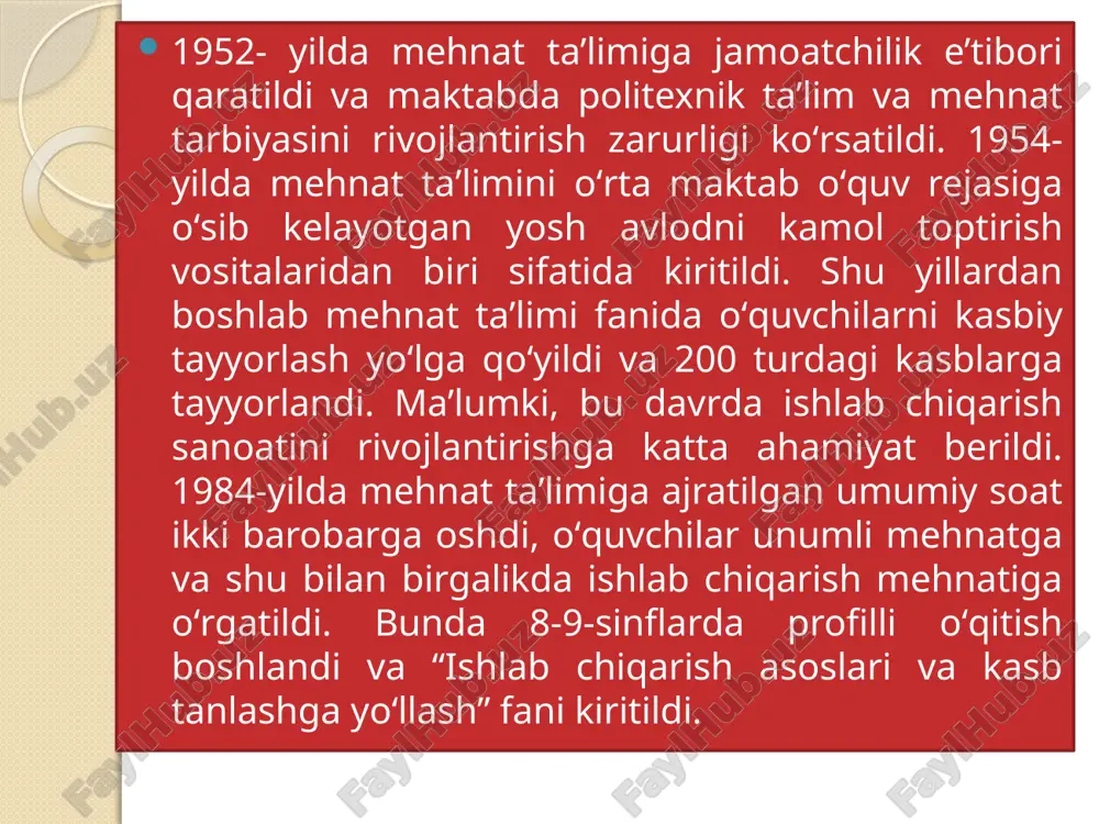 ning mexanik xususiyatlari yog’ochning mexanik xususiyatlarining foydalanish va baholash doirasi quyidagi ko’rsatgichlar bo’yicha ifodalanadi: yog’ochning mustahkamligi – bu materialning turli xil mexanik shikastlanishlar va deformatsiyalarga qarshilik ko'rsatish potentsialini belgilaydigan xususiyatdir. yog’ochning egiluvchanligi materialning mexanik kuchlanish ta’sirida keltirib chiqargan deformatsiyadan keyin asl holatini tiklash xususiyati bo’yicha aniqlanadi. yog’ochning qattiqligi ma'lum bir turdagi materialni qayta ishlash usulini belgilaydigan eng muhim omillardan biridir. ushbu parametr yog'ochning yemirilish, tirnalishlarga yoki boshqa turdagi materiallar yuzasiga zarar etkazilishiga chidamliligiga ta'sir qiladi. polimer materiallariga ishlov berish texnologiyasi: polimer materiallar to‘g‘risida mavlumot. polimerlar. shtamplar. presslash. polimer materiallardan buyumlar tayyorlash texnologiyasi. sovundon yasash. polimer materiallardan uy-ro‘zg‘or buyumlarini tayyorlash. gultuvak yasash texnologiya haqida turli ma’lumotlarga ega bo‘ladilar. metallga ishlov berish texnologiyasi bo‘limi: o‘quvchilar metallarning xususiyatlari to‘g‘risida boshlang‘ich bilimlar, rejalash, ishlov berish, pardozlash ishlari va bu ishlarni bajarishda ishlatiladigan qo‘l hamda elektr asboblarining tuzilishi, ishlashi, dastgohlar, elektr va mexanizatsiyalashtirilgan jihozlar, mashina elementlari, sanitariya-gigiyena talablari to‘g‘risida bilim va amaliy ko‘nikmalarga; ro‘zg‘orbob hamda …