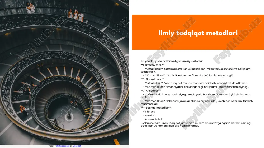 t usullari kvalitatif tadqiqot usullari, masalan, fokus guruhlari va chuqur intervyular, tadqiqot obektining ichki dunyosini o'rganishga imkon beradi. ushbu usullar orqali respondentlarning shaxsiy tajribalari va fikrlari yig'iladi, bu esa tadqiqotning chuqur va keng qamrovli bo'lishini ta'minlaydi. kvantitativ tadqiqot usullari kvantitativ tadqiqot usullari statistik ma'lumotlar va raqamlar asosida amalga oshiriladi. anketalar, eksperimentlar va hisob-kitoblar orqali olingan ma'lumotlar sonli ko'rinishda taqdim etilib, tahlil qilishda aniq natijalar olish imkonini beradi. photo by nina mercado on unsplash 4-bosqich: natijalarni tahlil qilish natijalarni tahlil qilish jarayoni tadqiqotning muhim qismi bo'lib, bu bosqichda to'plangan ma'lumotlar chuqur o'rganiladi. tahlil jarayoni statistik metodlar yordamida amalga oshiriladi, bu esa tadqiqot natijalarining aniq va ishonchli bo'lishini ta'minlaydi. tahlil usullari orasida tasodifiy tanlov, korrelyatsiya, regressiya tahlili va boshqa statistik usullar mavjud. ushbu usullar yordamida tadqiqot natijalari o'zaro ta'siri va bog'lanishini aniqlash mumkin. natijalarni taqdim etish usullari esa grafiklar, diagrammalar, jadval va boshqa vizualizatsiya vositalari orqali amalga oshiriladi. bu usullar tadqiqot natijalarini …