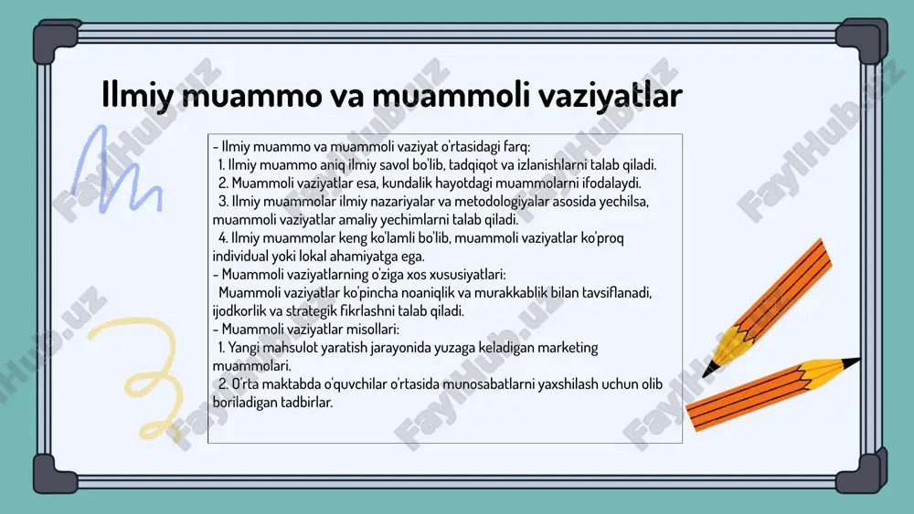 i yangi texnologiyalar va yechimlarning joriy etilishi bilan bog'liq. misol uchun, innovatsion yechimlar ijtimoiy muammolarni hal qilishda yordam berishi mumkin, bu esa iqtisodiy rivojlanishga va aholining yashash sharoitlarini yaxshilashga olib keladi. muammoli vaziyatlarga yechim topish usullari muammoli vaziyatlar – bu yaxshi aniqlangan maqsadga erishish uchun qarshi keladigan to'siqlar yoki qiyinchiliklardir. ularning xususiyatlari orasida noaniqlik, murakkablik va ko'p jihatdan ta'sir ko'rsatish kabilar mavjud. 1. analitik yondashuv: muammoni chuqur tahlil qilish va uning sabablarini aniqlash. 2. kreativ yondashuv: yangi g'oyalar va yechimlarni izlash, innovatsiyalarni qo'llash. 3. guruhiy muhokama: birga fikr almashish va yechimlarni ishlab chiqish, jamoaviy fikrlashni rag'batlantirish. 4. tajribaviy yondashuv: amaliy tajribalardan foydalanish orqali muammolarni hal etish va natijalarni baholash. masalan, ekologik muammolarni hal qilishda quyosh energiyasini qo'llash orqali energiya sarfini kamaytirish mumkin. yana bir misol sifatida, iqtisodiy inqiroz vaqtida davlatlar yangi iqtisodiy strategiyalar ishlab chiqish orqali muammolarni hal qilishga harakat qilmoqda. muhim jihatlar: 1. muammoni to'g'ri aniqlash va xarakteristikalarini tushunish. …