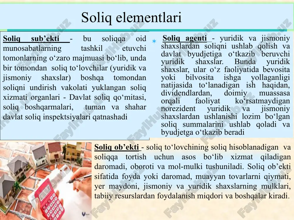 iladi, chunki buxgalteriya soliq solinadigan daromadni va soliq summasini aniq hisob-kitob qilib chiqadi. 13 5. soliq mexanizmi soliq mexanizmi-davlat soliq siyosatini ro’yobga chiqarish maqsadida joriy qilingan soliq olish tadbirlari. soliq mexanizmi-soliq siyosatining hayotga joriy etilishi va soliqqa tortish natijasida byudjetga tushadigan tushum miqdori va salmog’ini shakllantiradigan iqtisodiy jarayon. «mexanizm» atamasi iqtisod fanida u yoki bu ob’ektga ta’sir o‘tkazish uchun ishlatilishi mumkin bo’lgan vositalar, usullar, dastaklar va shakllarning ichki o‘zaro bog‘liqlik va aloqadorliklarining yig‘indisi deb qarash mumkin soliq mexanizmi - davlat, jamiyat va alohida sub’ektlarning ijtimoiy-iqtisodiy tadbirlarni amalga oshirish uchun pul mablag‘lariga bo‘lgan ehtiyojini qondirishga mo‘ljallangan markazlashtirilgan va markazlashtirilmagan pul mablag‘lari fondlarini tashkil etish bilan bog‘liq ob’ektiv pul munosabatlari jarayonini aks ettiradi. soliq mexanizmi - davlat tomonidan soliq munosabatlarini tashkil etish uchun qo‘llaniladigan (huquqiy baza asosida) soliqqa tortish jarayonining elementlari va ularni boshqarishning yig‘indisini ifodalaydi. boshqacha qilib aytganda, soliq mexanizmi - bu soliq munosabatlarini tashkil qilish usullari yig‘indisi bo‘lib, u iqtisodiy, …