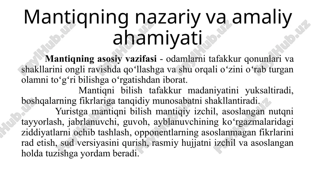 zalar bayon qilinganda, buyum va hodisalarning sinfi haqida tasdiqlab bayon qilingan mulohaza bilan shu sinf buyum va hodisalarining bir qismi haqida inkor etib bayon qilingan mulohazalardan biri chin, ikkinchisi xato, uchinchisiga oʻrin boʻlmaydi. masalan: hamma faylasuflar tabiyotshunosdir. baʼzi faylasuflar tabiyotshunos emas. alohida olingan yakka buyumga nisbatan son va sifatiga koʻra uchinchisi mustasno qonuni bilish subyekti oldiga quyidagi talablarni qo‘yadi: 1-talab. a va a emas muqobil bo‘lishi va ulardan birini chinlik belgisi bo‘yicha tanlash kerak. 2-talab. o‘zaro bir-birini inkor etuvchi mulohazalardan boshqa muqobil (masalan, qarama-qarshilik munosabatidagi mulohazalar) bo‘lishi kerak emas. 3-talab. muqobillik chinning xatoga qarama-qarshi qo‘yilishida namoyon bo‘ladi va u mazkur sifatida bilishning universal mantiqiy usuli hisoblanadi. uchinchisi istisno qonuni tushunchalar oʻrtasidagi zid munosabatlarni ifodalaydi. agarda zid munosabatlar tushunchaning to’liq mazmunini qarab olmasa, ikki zid belgidan boshqa belgilarning ham mavjudligi maʼlum boʻlsa, unda uchinchisi istisno qonuni amal qilmaydi. yetarli asos qonuni har bir predmet va hodisaning real asosi boʻlgani kabi, ularning …