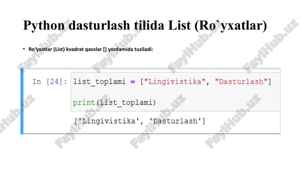 y qavslar () bilan yoritiladi. python dasturlash tilida tuple tuple to‘plami elementlari tartiblangan, o‘zgarmas va takroriy qiymatlarga ruxsat berilgan bo‘ladi. tuple to‘plami elementlari indekslangan holatda bo‘ladi, birinchi element indeks [0]ga teng, ikkinchi element indeks[1] va hokazo bo‘ladi. tuple to‘plami takroriy qiymatlarga ruxsat beradi: python dasturlash tilida tuple tuple to‘plamida nechta element borligini aniqlash uchun len() funksiyasidan foydalanish mumkin: python dasturlash tilida tuple tuple to‘plami turli xil berilganlar turlarini o‘z ichiga olishi mumkin: python dasturlash tilida tuple to‘rtburchak qavslar [] orqali indeks raqamiga murojaat qilib, tuple to‘plami elementlariga kirishingiz mumkin: python dasturlash tilida tuple manfiy indekslash oxiridan boshlanadi degan ma’noni anglatadi. -1 oxirgi elementga, -2 ikkinchi oxirgi elementga to‘g‘ri keladi. python dasturlash tilida tuple siz tuple to‘plami indekslar oralig‘ini qayerdan boshlash va qayerdan tugatishni belgilash orqali bir qator indekslarni belgilashingiz mumkin. indeks oralig‘ini belgilashda qaytariladigan qiymat belgilangan elementlarga ega yangi tuple to‘plami bo‘ladi. python dasturlash tilida tuple qidiruvni tuple to‘plami oxiridan …