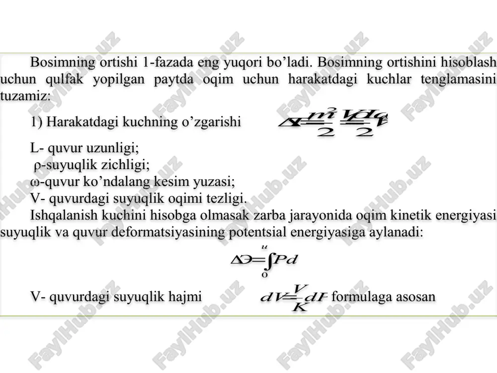 arbani quyidagi formulad an hisoblash mumkun. 03gahhg , bunda h g - geometruk suv ko’tarish balandligi, m. zarb to’lqining tarqalish tezligini ta’siri bolmaydigan normal monometrik qismi uzunligini quyidagi formuladan hisoblash mumkin. xavfsizadl , bunda  - hisobiy napordagi oqim tezligi, m/sek;  - quvurning ishqalanish qarshilik koeffisienti. zarba miqdorini kamaytirish usullari ns larda gidravlik zarbaning kuchini kamaytirish uchun turli usullardan foydalanishadi. ularning orasida eng samarali usullardan biri suv yo‘lini yopuvchi moslamalar (qulfak, yo‘naltiruvchi apparat, yassi zatvor va bosh.) ishini gidravlik zarba qiymatini kamaytiris hga dastur asosida moslashdir. bu usul gidravlik zarba dasturli yopilishi deb ataladi va uning mohiyati shundan iboratki, gidravlik zarba o‘zining tabiatiga ko‘ra suv tezligi keskin o‘zgargandagina yuzaga keladi, agar suv tezligi asta – sekin ma’lum bir qoida asosida o‘zgartirilsa bu hodisa yuz bermaydi. ges larda suv yo‘lini yopuvchi moslamalarning yopilish vaqtini t yop. agregatning aylanish chastotasini hisobga olgan holda aniqlashadi. 3.4-rasm. gidravlik zarbani so‘ndiruvchi elastik demfper sxemasi. …