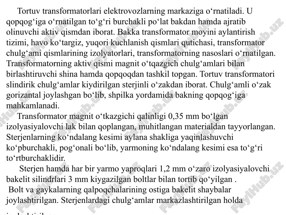0 x 2760 mm. tarmoq chulg‘ami bilan o‘z ehtiyoji chulg‘amlari orasidagi qisqa tutashish kuchlanishining hisobiy qiymati 257 v bo‘lib, (5.7 1)% ni, birlamchi chulg‘am bilan isitish chulg‘ami orasidagi qisqa tutashish kuchlanishi 628 v bo‘lib, (7.1 1)% ni tashkil etadi. o‘zgaruvchan tok elektrovozlaridan foydalanishda tortuv transformatorlarining quydagi nosozliklari paydo bo‘lishi mumkin: bakning choklarida, trubali o‘tkazgichlarda moy oqishi; moy sathining pasayishi; transformator moyining sifati buzilishi; transformator moyining harorati 80 0c dan yuqori bo‘lishi; izolyatorlarining shkastlanishi va qarshiligining pasayishi; chulg‘amlararo qisqa tutashish paydo bo‘lishi va hokazo. 12 tortuv transformatorlarini ta’mirlashdan oldin transformator chang va ifloslardan tozalanadi, izolyatorlar benzin shimdirilgan salfetkalar bilan tozalab artib chiqiladi. transformatorni ajratishdan avval moydan namuna olib traansformatorning holatini baholash uchun labaratoriyada teshib o‘tish kuchlanishigacha tekshiriladi. agar tekshirish jarayonida moyning oqib chiqqanligi aniqlanadigan bo‘lsa, oqib chiqqan joyni aniqlash maqsadida moy bakida yuqori bosim hosil qilish usuli bilan qo‘shimcha tekshirishlar o‘tkaziladi. transformatorning aktiv qismi chiqarib olinadi va moyi oqib ketishi uchun …