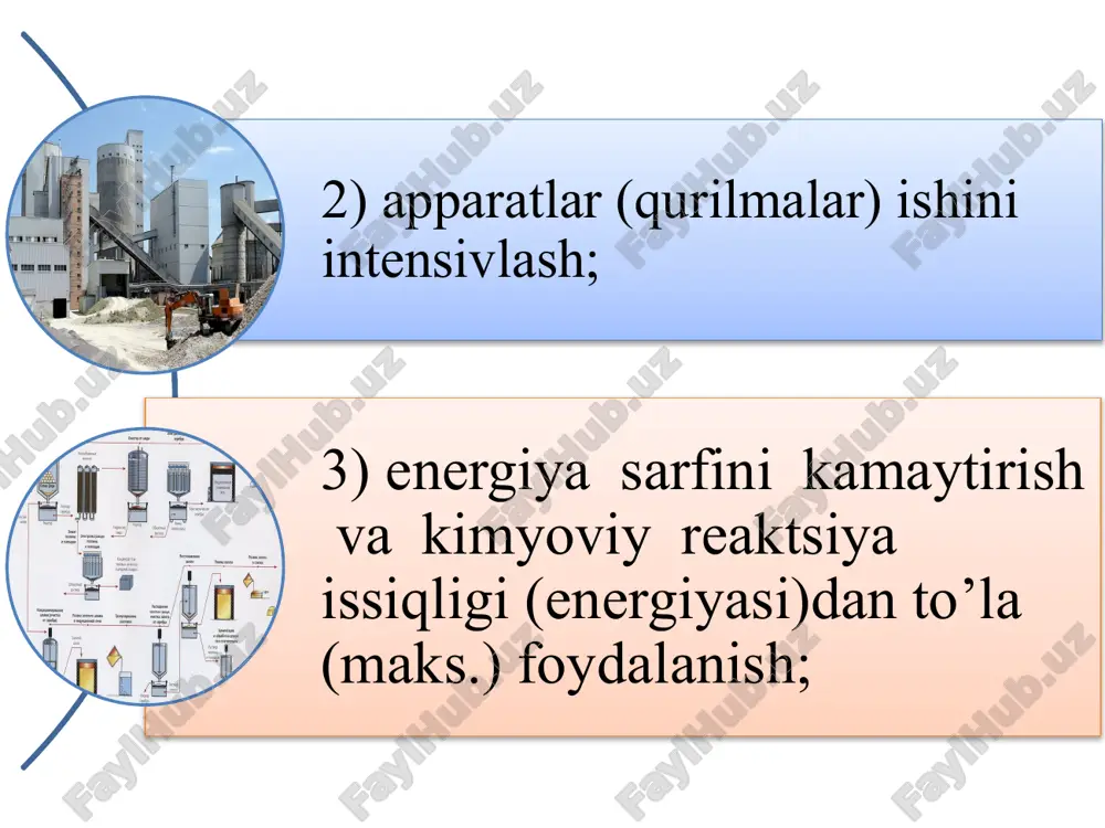 aydi. xizmatning zararsizligi - ishlayotgan kishilarning sanitar-gigienik sharoitlari gazlanganlik, changlanganlik, shovqin darajasi borasida normalarga hamoxangligi. avtomatlashtirish va mexanizatsiyalash darajasi korxonani ekspluatatsiya kilishdagi qo’l va ogir mehnat ulushi bilan aniqlanadi. ekologik xavfsizlik - korxonaning atrof-muxit va rsgiondagi ekologik vaziyatga ta’sir darajasidir.kimyoviy ishlab chiqarishning asosiy ko’rsatkichlariga nazar tashlar ekanmiz, uning loyihalanishi, qurilishi va ishlashiga bo’lgan talab katta ekanligiga yana bir bor amin bo’lamiz. bunday talablarning juda yaxshi ishlab chikilishnga karamay, ayrim holatlarda ularning bir-biriga zid yoki bir-biriga xalaqit berishi ham kuzatiladi. texnolog nafaqat chukur, keng qamrovli bilimlar, balki yuqori zakovat, madaniyat va mehribon qalb soxibi bo’lishi ham talab etiladi. image25.gif /docprops/thumbnail.jpeg