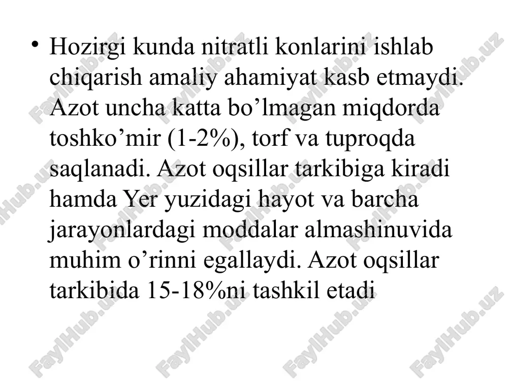 ttirish muvozanat reaktsiyasini chap tomonga, ya’ni ammiak ajralib chiqishini kamayish tomoniga siljitadi, qancha harorat yuqori bo’lsa, reaktsiyadagi azot va vodorodni shuncha miqdorda kamayishiga olib keladi. biroq, haroratni pasaytirish bilan ammiak sintezi reaktsiyasi tezligi kamayadi. shuning uchun ammiakni hosil ajratishidagi yuqori tezlikni ta’minlash uchun reaktsiyani yetarli darajadagi yuqori haroratda olib borish lozim bo’ladi. amalda ammiak sintezi 450-500os haroratda olib boriladi, bunda reaktsiya yetarli darajada tez o’tadi va gaz aralashmasidagi ammiak miqdori nisbatan yuqori bo’ladi. massalar ta’siri qonuniga ko’ra, ammiak sintezidagi muvozanat reaktsiyasi o’ngga, ya’ni, ammiakni ajralishini ortishi tomoniga siljishi uchun gaz aralashmasidagi muvozanatda azot va vodorod kontsentratsiyasini orttirish yoki ammiak kontsentratsiyasini kamaytirish lozim bo’ladi. yakuniysi amalda amalga oshiriladi. katalizator orqali bir kirishda ammiak 17-30% dastlabki azot vodorodli aralashmaga aylanadi massalar ta’siri qonuniga ko’ra, ammiak sintezidagi muvozanat reaktsiyasi o’ngga, ya’ni, ammiakni ajralishini ortishi tomoniga siljishi uchun gaz aralashmasidagi muvozanatda azot va vodorod kontsentratsiyasini orttirish yoki ammiak kontsentratsiyasini kamaytirish lozim bo’ladi. yakuniysi amalda …