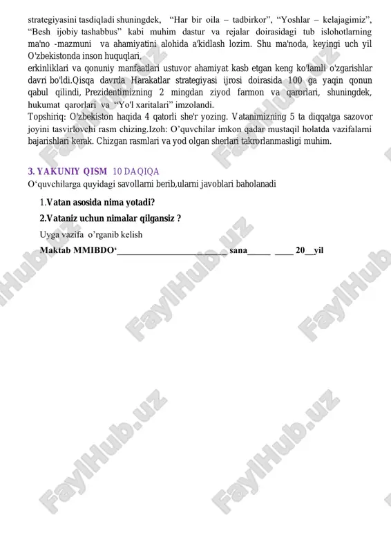 axshilik ko‘ramiz. ota-onamiz, yaqinlarimiz, ustozlarimiz bizga faqat yaxshilikni tilaydilar. inson o‘ziga qilingan yaxshiliklarga albatta yaxshilik bilan javob qaytarishi kerak.ammo yomonlik qilganlarga qay tarzda javob qaytarish kerak? yomonlikka yaxshilik bilan javob berish hammaning ham qo‘lidan kelavermaydi. agar sizga kimdir yomonlik qilsa, har qancha qiyin bo‘lsa-da, unga albatta yaxshilik bilan javob qaytaring. shunda u qilgan ishidan pushaymon bo‘ladi, uyalganidan ikkinchi marotaba yomonlikka qo‘l urmaydi. ta'lim va tarbiyaning o‘rtasida ochiq-oydin farq bor. ta'lim, tarbiyaning bir juz'idir. tarbiya esa ta'limni o‘z ichiga oladi, aksincha emas. demak, tarbiya o‘z-o‘zidan ta'limga nisbatan komil va keng qamrovlidir. 3 yakuniy qism 10 daqiqa o‘quvchilarga quyidagi savollarni berib,ularni javoblari baholanadi. 1. bilim nima uchun kerak 2. taʼlim va tarbiyaning inson kamolotidagi oʻrni 3. yurtimizda qanday isloxatlar amalga oshirilmoqda uyga vazifa o’rganib kelish maktab mmibdo‘______________________ ______________ sana_____ ____ 20__yil 3-mavzu : bizning xulqimiz annotatsiya xulq tushunchasi kelajak soati darsining kerakli jihozlar akt vositalari, tarqatma material,rasmlar, 1.kirish 10 daqiqa o`quvchilarga ezgu …