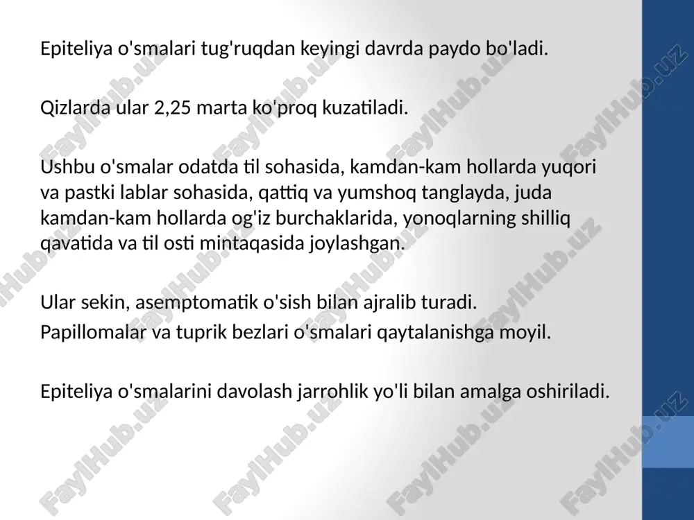 ximasining adenolimfoma lokalizatsiyasidan uzoqlashishi bilan yaxshi xulqli o'smalarga xosdir. adenomalarni jarrohlik yo'li bilan davolash. pleomorfik adenoma bilan bir xil jarrohlik usullaridan foydalaning. parotid tuprik bezida lokalizatsiya qilinganida, rezektsiyadan tashqari, ba'zida o'smaning ekstrakapsular olib tashlanishi qo'llaniladi. gistologik rasm limfa tugunlari metastazli havfli adenolimfoma tuprik bezi adenolimfomasi (ortin o'smasi) tuprik bezi adenolimfomasi (ortin o'smasi) tuprik bezi adenolimfomasi (ortin o'smasi) biriktiruvchi to'qima o'smalari fibroma. qon tomir va epiteliya o'smalaridan keyin uchinchi o'rin (o'smalarning 23,6%), bitta yoki ko'p bo'lishi mumkin. etiologiya: disontogenetik kelib chiqishi, shuningdek chaynash paytida shilliq qavatning qo'shimcha shikastlanishi. postnatal davrda bolalarda mioma ko'pincha 12-16 yoshda, ko'pincha o'g'il va qiz bolalarida paydo bo'ladi. morfologik jihatdan kollagen tolalarining zich joylashuvi bilan, ba'zan ohakning cho'kishi bilan aniqlanganda va yumshoq, morfologik jihatdan tolalarning bo'sh joylashishi va ulardagi bitta etuk elementlar bilan aniqlanganda miomani qattiq ajrating. mahalliylashtirish: ko'pincha til sohasida, pastki labda, qattiq va yumshoq tanglay, kamroq alveolyar jarayon, yuqori labda, yonoq sohasida. klinik jihatdan ular …