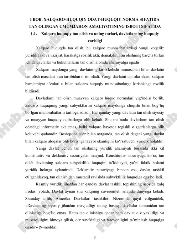 tan olish bo‘yicha mezonlari» qabul qilingan. yevropa hamjamiyatlari a’zolari mdh tarki- biga kiruvchi «mazkur respublikalar tomonidan talablarni bajarishga shay ekanliklari haqida kafolat olinishi bilanoq» ular bu respublikalarni tan olishlarini ma’lum qilganlar. mdhga a’zo davlatlarning birontasi yevropa hamjamiyatining bunday harakatlariga qarshi e’tiroz bildirmagan. xalqaro huquqda tan olishning ikki turi bor: de-yure va de-fakto. umumiy qoidaga binoan, davlatni tan olish to‘liq va uzil-kesil bo‘ladi. bunday tan olish «de-yure» tan olish, deb ataladi. ba’zan davlatning shakllanishi uzoq davom etadigan jarayonga aylanadi. bunday hollarda vaqtincha, to‘liqsiz tan olishdan ham foydalanish mumkin va bu «de-fakto» tan olish, deyiladi. u, odatda, yuridik rasmiyatchiliksiz yarim rasmiy munosabatlarni anglatadi. mazkur tan olish ko‘lami vaziyatdan kelib chiqqan holda o‘zgarib turadi.[footnoteref:2] [2: caudov a. konstitutsiya – istiԕlolimiz va istiԕbolimiz ramzi // jamiyat va boshԕaruv. 2005. № 4. b. 4–7.] xalqaro huquqdagi davlatlarni tan olishning ikki turining bir-biridan farqi ular keltirib chiqaradigan huquqiy oqibatlarning hajmidadir. agar de-fakto tan olish vaqtincha xususiyatga …