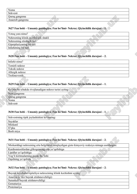 ya; fan bo’limi- nekroz; qiyinchilik darajasi – 1; kollikvasion nekroz tipida rivojlanuvchi infarktning ijobiy oqibatini ko’rsating? kista yiringli erish kanalizasiya vaskulyarizasiya №39 fan bobi – umumiy patologiya; fan bo’limi- nekroz; qiyinchilik darajasi – 1; infarktning ijobiy oqibatlarini ayting: organizasiya yiringli erish organlar atrofiyasi kanalizasiya №40 fan bobi – umumiy patologiya; fan bo’limi- nekroz; qiyinchilik darajasi – 1; infarktning turlarini ayting: oq, qizil tomirli nekroz uchburchak tromboembolik №41 fan bobi – umumiy patologiya; fan bo’limi- nekroz; qiyinchilik darajasi – 1; o’pka infarkti zonasi bilan sog’lom to’qima nima bilan chegaralangan? demarkasion yallig’lanish zonasi bilan shish, qon quyilish zonasi bilan nekroz, to’laqonlik zonasi bilan biriktiruvuchi to’qima o’sishi bilan №42 fan bobi – umumiy patologiya; fan bo’limi- nekroz; qiyinchilik darajasi – 1; kazeoz nekrozning ko’p uchrovchi oqibati: petrifikasiya gialinoz yiringli erish kista №43 fan bobi – umumiy patologiya; fan bo’limi- yallig’lanish; qiyinchilik darajasi – 1; o’tkir apikal periodontitning turlari yiringli periodontit kistogranulema granulyasion periodontit …
