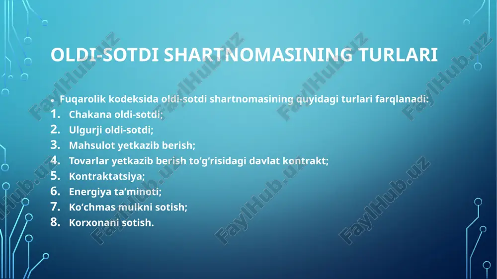 qabul qilib olish va buning uchun belgilangan haqni tolashdan, agar sotilgan tovar oziga shartnoma shartlariga muvofiq topshirilmagan bolsa, uni oziga topshirishni talab qilishdan iborat boladi.oldi-sotdi shartnomasini ijro etish yuzasidan qilinadigan harakatlarni, yani tovarni topshirish va haqini tolash, agar qonun yoki shartnomada boshqacha holat belgilanmagan bolsa, darhol amalga oshirish lozim. fkning 419-moddasi, 1-qismiga asosan xaridor tovar haqini sotuvchi tomonidan ushbu tovarni yoki ushbu tovarni tasarruf qilish hujjatlarini berganidan song kechiktirmasdan tolashi lozim. sotuvchi sotilgan mol-mulkni (tovarni) to u topshirishigacha saqlashi shart. bu qoida fk 391-moddasida mustaxkamlangan. mulk huquqi yoki boshqa ashyoviy huquq mol-mulkni topshirishdan oldin sotib oluvchiga otgan hollarda sotuvchi mol-mulkning yomonlashuviga yol qoymay, uni topshirgunga qadar saqlashi shart. bunda qilingan chiqimlar xaridor zimmasiga yuklatiladi. sotuvchi zimmasiga yana bir majburiyat fkning 393-moddasida belgilab qoyilgan. sotuvchi tovarni sotib oluvchiga uchinchi shaxslarning har qanday huquqlaridan ozod holda topshirishi shart, sotib oluvchi shaxslarning huquqlari bolgan tovarni (ijaraga berilgan, garovga qoyilgan, tekin foydalanishga berilgan tovarni) …