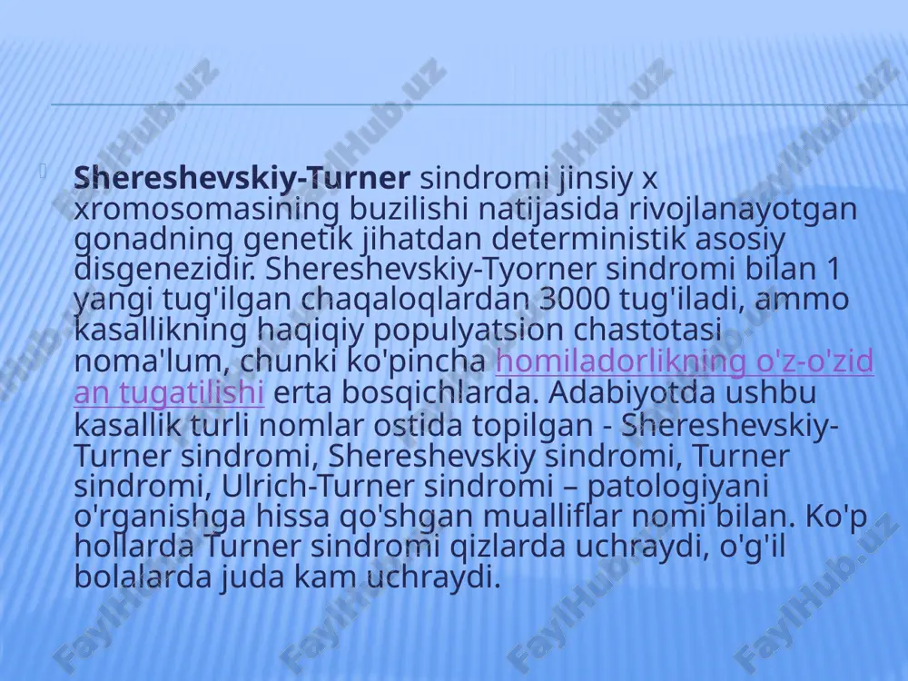 tkir miyeloid leykemiya. ruhiy kasalliklar - manik-depressiv psixoz, shizofreniya va boshqalar bo'lishi mumkin, klinefelter sindromi bo'lgan bemorlarning alkogolizm, giyohvandlik va gomoseksualizmga moyilligini tasdiqlovchi dalillar mavjud. boshqa xromosoma anomaliyalari singari, xomilada klinfelter sindromi invaziv prenatal tashxis (amniyosetez, chorion biopsiya yoki kordosentez, keyinchalik karyotip yoki kf-pcr tahlillari) paytida homiladorlik davrida ham aniqlanishi mumkin. klinefelter sindromining diagnostikasi klinefelter sindromi bo'lgan bemorlarda normal hayot davomiyligi bor, ammo surunkali kasalliklarni rivojlanish tendentsiyasi erta o'limning xavf omiliga aylanishi mumkin. klinefelter sindromi bo'lgan bemorlarning aksariyati samarasiz; sherik kasal bo'lgan oilalarda bolalarni tug'ilishning yagona yo'li donor sperma ishlatishdir. shunga qaramay, klinefelter sindromining mozaik shaklida erkaklar mustaqil ravishda yoki yordamchi reproduktiv texnologiyalardan (ivf) foydalanishi mumkin. klinefelter sindromining prognozi va oldini olish klinefelter sindromidan butunlay shifo topish mumkin emas. shunga qaramay, barcha bemorlar simptomatik va patogenetik davolanishga muhtoj. bolalikda yuqumli kasalliklarning oldini olish, qattiqlashuv, mashqlar, nutq terapevtlari yordamida nutq buzilishlarini tuzatish kerak. klinefelter sindromini davolash image3.jpeg image4.jpeg image5.jpeg image6.jpeg image7.jpeg …