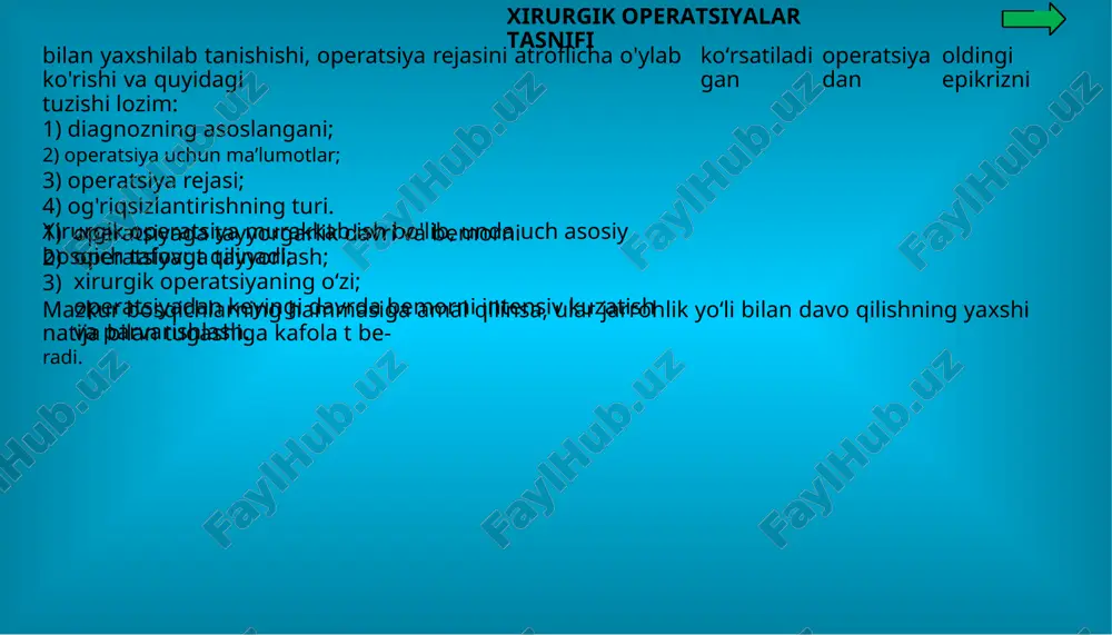 ydigan profuz qon ketishi) yoki absolyut (stenoz rivojlanayotganda) yoki nisbiy (yangi yaraga hali dori-darmonlar bilan davo qilishning barcha usul- lari qo'llanmagan hollarda) bo‘lishi mumkin. har bir aniq holda operatsiya qilish uchun ko'rsatmalarni aniqlashda nafaqat kasallik prognozini, balki operatsiya qiluvchi j ar- rohning imkoniyatlarini, operatsiyaning muvaffaqiyatli o‘tishini ta’minlovchi operatsiya xonasidagi asbob-uskunalar va appa- ratlarni ham nazarda tutish lozim, xirurg qo‘lidan kelmaydigan operatsiyani qilmasligi kerak, chunki xirurgiya bu sport emas, in- son esa tajribalar obyekti emas. agar xirurg diqqat e’tibor bilan assistentlik qilib yoki o‘zidan tajribaliroq kasbdoshlari b aja- rayotgan operatsiya qanday borayotganligini kuzatib, o'z bilimini, tajribasini oshirmas ekan, o'tkazilgan operatsiyalar miqdo ri op- eratsiya qiluvchining jarrohlik bilimi o‘z-o‘zidan ortishiga kafolat bera olmaydi. asossiz operatsiyalarni o‘tkazmaslik uchun bemor xirurgik operatsiyalar tasnifi bilan yaxshilab tanishishi, operatsiya rejasini atroflicha o'ylab ko'rishi va quyidagi tuzishi lozim: 1) diagnozning asoslangani; 2) operatsiya uchun ma’lumotlar; 3) operatsiya rejasi; 4) og'riqsizlantirishning turi. xirurgik operatsiya murakkab ish bo'lib, unda …
