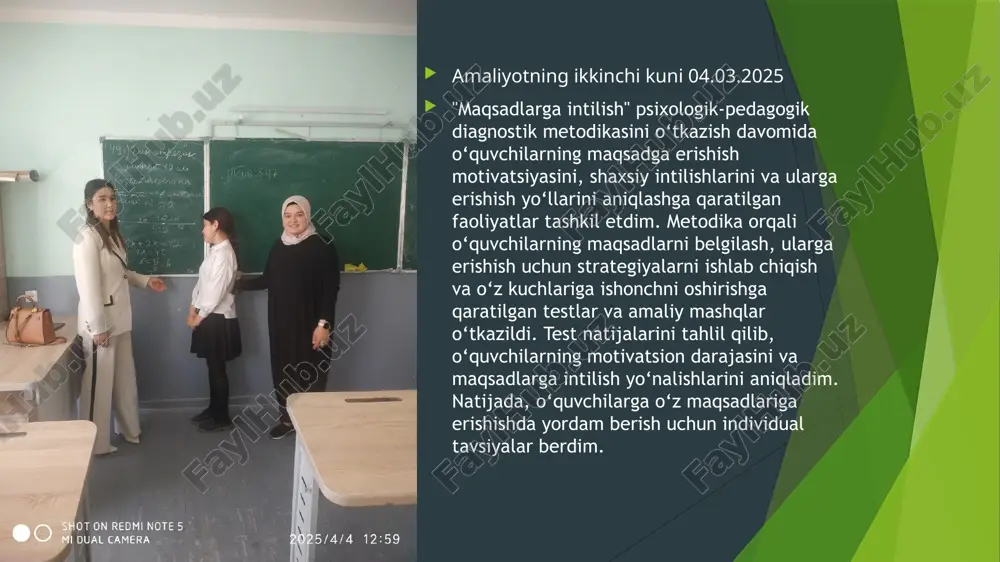 ay qo‘llab-quvvatlash kerakligi haqida maslahatlar taqdim etdim.shuningdek, ishlab chiqarish sohasi va kasblar asosida “kasbiy bilim va maslahat oyligi”ni o‘tkazdim. bu oylik davomida o‘quvchilarga turli kasb-hunar sohalari, ularning talab va imkoniyatlari, kasb tanlashda e'tibor berilishi kerak bo‘lgan jihatlar haqida ma'lumotlar berdim. o‘quvchilarga o‘z kelajakdagi kasbini tanlashda yordam berish va ularni kerakli kasbiy bilimlarga yo‘naltirish maqsadida treninglar va suhbatlar o‘tkazildi. amaliyotning o’n uchinchi kuni 18.03.2025 “hayvonlar yo‘qolib qoldi” proyektiv texnikasini o‘tkazdim. ushbu texnika yordamida o‘quvchilarning ichki dunyosini, hissiy holatini va muammolarni aniqlashga qaratilgan faoliyatlar o‘tkazildi. o‘quvchilarga turli hayvonlar tasvirlangan rasm berilib, ular ushbu hayvonlarning yo‘qolishiga nisbatan qanday hissiyotlarni bildirishi kerakligi so‘raldi. bu jarayon orqali o‘quvchilar o‘zlarining muammolarini va his-tuyg‘ularini ifoda etishga imkon topdilar. amaliyotning o’n to’rinchi kuni 19.03.2025 “odam—odam” tizimida kasblar sohasiga oid “kasbiy bilim va maslahat oyligi”ni o‘tkazdim. ushbu oylik davomida o‘quvchilarga turli kasblar, ularning jamiyatdagi o‘rni, talablar va imkoniyatlar haqida ma'lumotlar berildi. o‘quvchilarga kasb tanlashda e'tibor berilishi kerak bo‘lgan jihatlar …