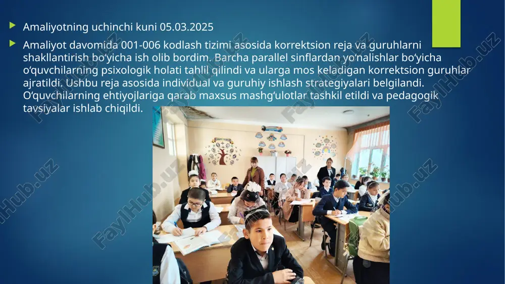 maslahatlar berildi. shuningdek, “mavjud bo‘lmagan hayvon” proyektiv metodikasi o‘tkazildi va natijalari tahlil qilindi. ushbu metodika yordamida o‘quvchilarning shaxsiy xususiyatlari, hayotiy qarashlari hamda ichki hissiy holati tahlil qilindi va ularga individual yondashuv asosida tavsiyalar ishlab chiqildi. xulosa: amaliyot davomida ta’lim muassasasidagi psixologik muhit va o‘quvchilarning ijtimoiy-psixologik holati o‘rganildi. ichki ro‘yxatga olingan va psixologik muammolarga ega bo‘lgan o‘quvchilar bilan individual ishlash tashkil etildi. “mavjud bo‘lmagan hayvon” proyektiv metodikasi orqali o‘quvchilarning shaxsiy xususiyatlari tahlil qilindi. olingan natijalarga asoslanib, pedagoglar va o‘quvchilarga zarur tavsiyalar berildi. umuman olganda, amalga oshirilgan tadbirlar o‘quvchilarning psixologik barqarorligini ta’minlash, ularning ichki dunyosini tushunish va mos keluvchi korreksion ishlarni olib borishda muhim ahamiyat kasb etdi. image6.jpeg image7.png image8.png image9.png image10.png image11.png image12.png image13.png image2.png image3.png image4.png image5.png /docprops/thumbnail.jpeg