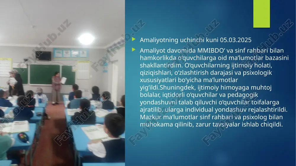 bat shakllantirish uchun muvaffaqiyatli insonlar hayoti misol qilib keltirildi.trening yakunida o‘quvchilar o‘z his-tuyg‘ulari va fikrlarini baham ko‘rib, motivatsiya darajasida ijobiy o‘zgarishlar sezilganligi qayd etildi. amaliyotning o’n ikkinchi kuni 17.03.2025 "stressga chidamliman" mavzusida treningtrening o‘qituvchilar va xodimlarning stressga bardoshliligini oshirishga qaratildi. ishtirokchilar stress omillarini aniqlash, uni boshqarish usullarini o‘rganish va emotsional barqarorlikni saqlash bo‘yicha mashg‘ulotlarda qatnashishdi.bajarilgan mashqlar:stressni aniqlash va boshqarish bo‘yicha testtasavvur qilish mashqi orqali relaksatsiyajamoaviy muhokama va tajriba almashishnatija: ishtirokchilar stressni kamaytirish usullari bilan tanishib, kundalik hayot va ish jarayonida qo‘llash bo‘yicha foydali ko‘nikmalarga ega bo‘lishdi. amaliyotning o’n uchinchi kuni 18.03.2025 tashxis metodikalarini psixolog bilan birgalikda qayta ishlashamaliyot davomida muassasa psixologi bilan hamkorlikda tashxis metodikalari tahlil qilindi va takomillashtirildi. o‘quvchilarning psixologik holatini aniqroq baholash uchun mavjud metodikalarning samaradorligi o‘rganildi va moslashtirildi.bajarilgan ishlar:tashxis natijalarini tahlil qilishmetodikalarni yosh xususiyatlariga moslashtirishaniq diagnostik usullarni ishlab chiqishnatija: o‘quvchilar bilan ishlash jarayonida samarador tashxis metodikalari shakllantirildi va ularning qo‘llash mexanizmlari yangilandi. amaliyotning o’n to’rinchi kuni 19.03.2025 …