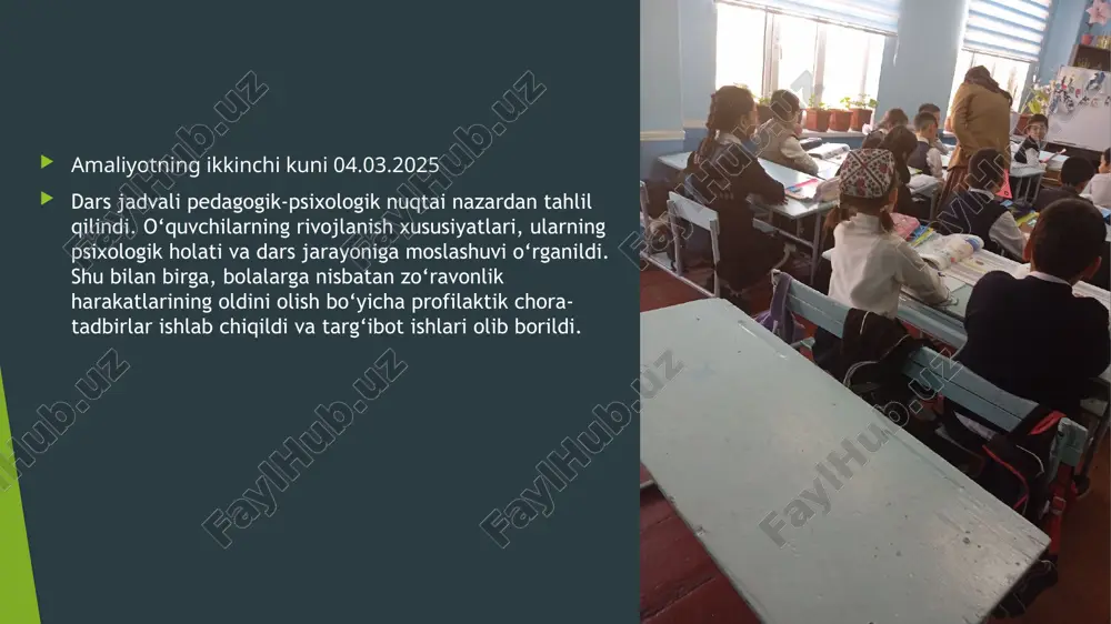 odatlardan xabardorlik darajasini aniqlash metodikasini qo‘lladim. o‘quvchilarga zararli odatlar haqida anketalar taqdim etib, ularning bilim darajasini o‘rgandim. shuningdek, guruhli suhbatlar o‘tkazib, o‘quvchilarning fikrlarini tingladim. testlar va topshiriqlar orqali bilimlarini baholab, ular bilan zararli odatlar va ularning salbiy ta’siri haqida suhbatlashdim. natijada, o‘quvchilarning xabardorlik darajasi aniqlanib, ularga kerakli tavsiyalar berildi. amaliyotning o’n to’rinchi kuni 19.03.2025 maktabda muammoli o‘quvchilar bilan ishlash maqsadida "men o‘zim" va "orzu va maqsad" mavzularidagi videotreninglar asosida mashg‘ulotlar o‘tkazdim. bu mashg‘ulotlar orqali o‘quvchilarga o‘zini anglash, shaxsiy maqsadlar qo‘yish va ularga erishish yo‘llarini o‘rgatishga qaratilgan faoliyatlar tashkil etildi. videotreninglar orqali o‘quvchilarning shaxsiy va ijtimoiy xususiyatlari, orzu va maqsadlarini aniqlashga yordam berdim.. amaliyotning o’n beshinchi kuni 20.03.2025 maktabda ijtimoiy-psixologik muammolari mavjud o‘quvchilar bilan ishlashda pedagoglarga maslahatlar berdim. shuningdek, "mavjud bo‘lmagan xajvon" proyektiv metodikasini o‘tkazib, o‘quvchilarning hissiy holatini va ichki dunyosini aniqlashga yordam berdim. test natijalarini tahlil qilib, o‘quvchilarga kerakli yordamini ko‘rsatish bo‘yicha tavsiyalar berdim. xulosa: maktab amaliyoti davomida ijtimoiy-psixologik muammolari …