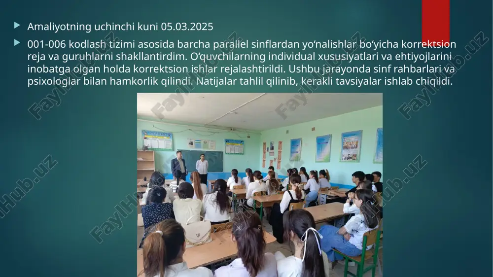 amaytirish bo‘yicha treninglar, motivatsion mashg‘ulotlar va individual suhbatlar tashkil etildi. shuningdek, autodestruktiv xulq-atvorni aniqlash va korreksiya qilish bo‘yicha chora-tadbirlar amalga oshirildi. olingan ma’lumotlar asosida har bir o‘quvchi uchun individual yondashuv belgilandi va ijtimoiy-psixologik pasportlari shakllantirildi. mazkur amaliyot natijalari kelgusida psixologik xizmatni samarali tashkil etishga xizmat qiladi. image6.jpeg image7.jpeg image8.jpeg image9.jpeg image10.jpeg image11.png image12.jpeg image2.png image3.png image4.png image5.png /docprops/thumbnail.jpeg