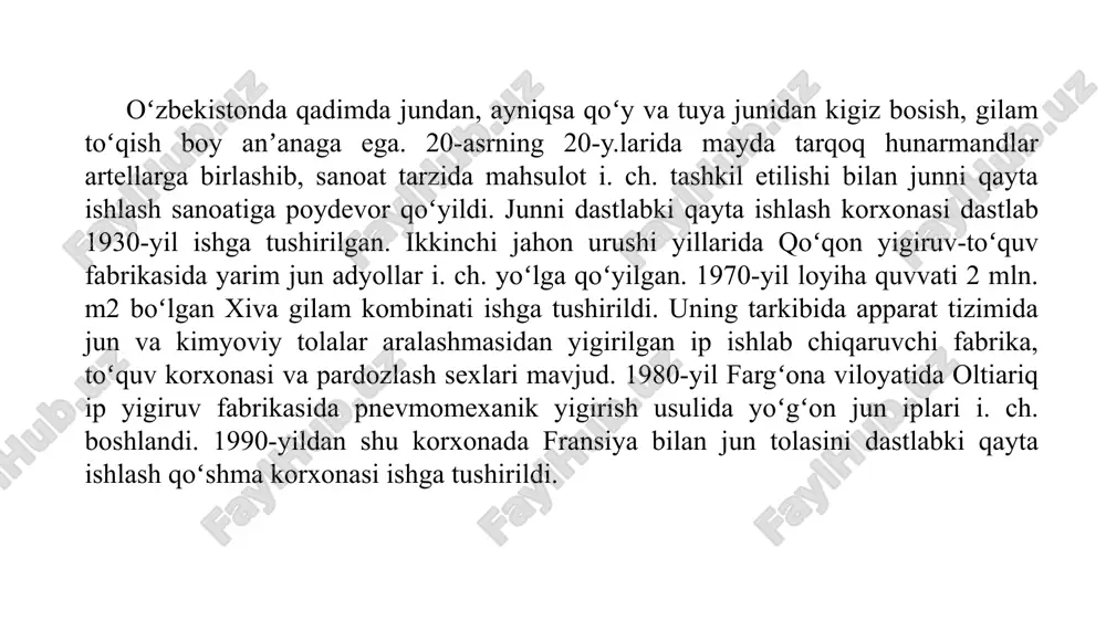 unligi boʻyicha notekis tarkibga ega. rangi oqdan qoragacha. dagʻal jun – bir turli boʻlmagan tivit tolalardan, oraliq qildan, oʻzak tolalardan iborat. yarim dagʻal jundan tolalarining ingichkaligi va uzunligi boʻyicha bir tekis boʻlmasligi bilan ajralib turadi. bu toʻrt guruh tayyorlash va sanoat davlat standartlarida navlarga (oliy 1, 2, 3, 4) ajratiladi. yarim dagʻal jun tolalari momiq qismining uzunligi boʻyicha oliy, 1, 2, 3, 4 navlarga, dagʻal j. esa 1, 2, 3, 4 navlarga, qorakoʻl qoʻylari j.i esa 1, 2, 3, navlarga ajratiladi. echki jun – bir turli (oq) va bir turli boʻlmagan (oq rangdan qora ranggacha) boʻladi; bir turli boʻlmagan echki junning asosan tiviti ishlatiladi. tuya juni – asosan momiqdan tashkil topadi, jigarrang boʻladi. jun ipning xususiyatlari jun iplari ko'plab kerakli xususiyatlar va xususiyatlarga ega: issiqlik - jun tolalarining siqilish va izolyatsiyalash qobiliyati havoni ushlab turadi va issiqlikni saqlaydi. bu jun matoni sovuq havoda kiyim va adyol uchun ideal qiladi. chidamlilik …