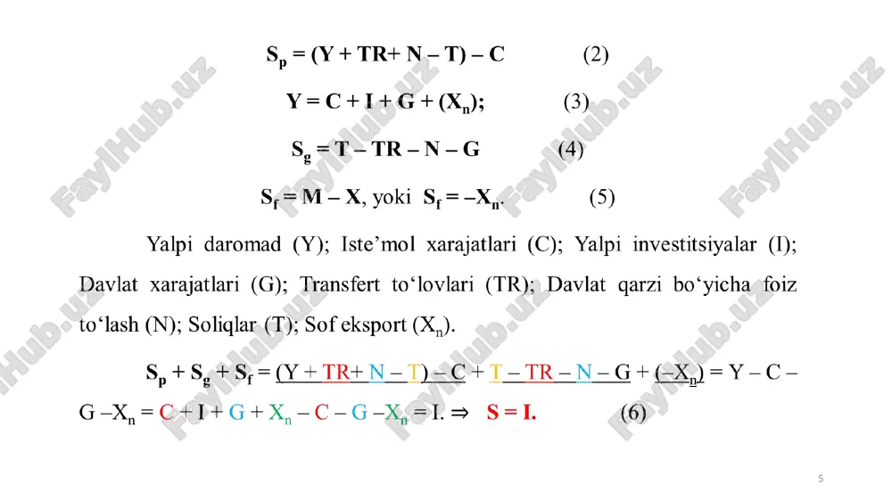 1-jadval ma’lumotlariga ko‘ra ixtiyordagi daromad 410 sh.b.dan 430 sh.b.kacha oshgan holatda mpcni hisoblaymiz. δc =420 - 405 =15; yd =430 - 410 = 20; mpc = (15/20) 100=75%; bu shuni bildiradiki, daromad 100 % ga (yoki bir birlikka) o‘zgarganda iste’mol 75 % (yoki 0,75)ga o‘zgaradi. ** n. gregory mankiw. macroeconomics. 8 th edition. harvard university. (ny.: worth publishers, 2013): 65 21 jamg‘arishdagi o‘zgarishning ixtiyordagi daromad o‘zgarishdagi ulushi jamg‘arishga chegaralangan moyillik deyiladi. mps = ; bu yerda: mps (marginal propensity to saving) – jamg‘arishga o‘rtacha moyillik. yuqorida keltirilgan misolda: δyd=430-410=20 δs=10-5=5 mps = (5/20) 100% = 25%; shunday qilib, iste’molga chegaralangan moyillik 0,75 ni tashkil etgan bo‘lsa, jamg‘armaga chegaralangan moyillik 0,25 ni tashkil etadi. daromadning o‘sgan qismi yoki iste’molga, yoki jamg‘armaga sarflanadi. shu sababga ko‘ra iste’mol va jamg‘arishga o‘rtacha moyillik ko‘rsatkichlari yig‘indisi 100% ga yoki koeffitsient ko‘rinishida 1 ga teng bo‘ladi. mpc + mps =100% yoki 1. mpc va mps ancha …