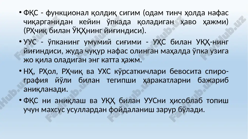 vjiy tezligini (reg') ulchashdan iborat bo'lib, upka funktsiyasini, jumladan havo yullarining nechog'lik torayganini ob'ekgiv ravishda, xolisona baholashga imkon beradi spirografiya pnevmotaxometriya kompyuterniy spirometr "spirolife ife image1.jpeg image2.jpeg image3.png image4.png image5.jpeg /docprops/thumbnail.jpeg