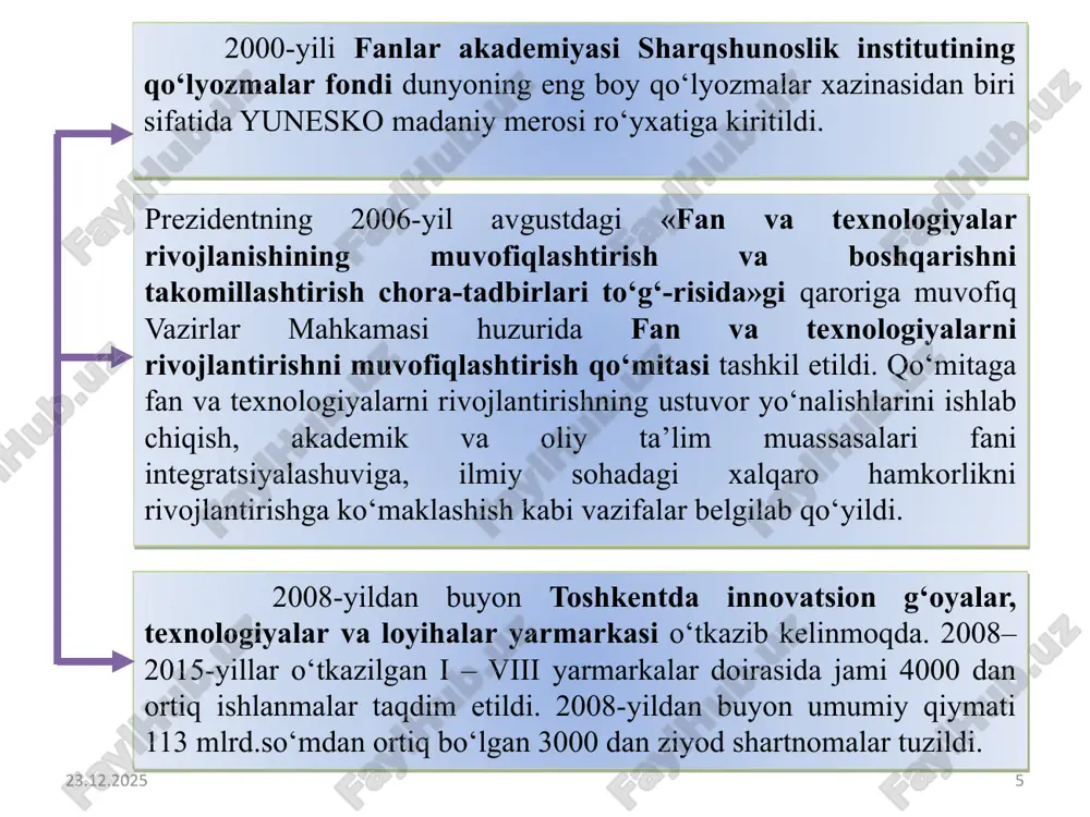 di. 1996–1997-o‘quv yilidan boshlab maktablarning birinchi sinflarida o‘qish yangi alifboda olib borildi. yangi imlo, alifboda o‘qitish uchun zarur dastur, qo‘llanma va darsliklar yaratildi. o’zbekiston tarixi o’zbekistonda mustaqillikning dastlabki yillaridan doimo ta’lim-tarbiya ishlarini eng muhim va dolzarb soha sifatida rivojlantirishga alohida e’tibor berib kelingan. 1992 yil 2 iyulda qabul qilingan o’zbekiston respublikasining «ta’lim to’g’risida»gi qonuni hamda 1991-1996 yillarda e’lon qilingan 30 dan ziyod prezident farmonlari va vazirlar mahkamasining qarorlari asosida ta’lim sohasida qator o’zgarishlar amalga oshirildi. maktabgacha ta’lim tizimida uylarda tashkil etiladigan bolalar bog’chalari hamda «bolalar bog’chasi-maktab» majmui tarmog’i rivojlandi. bolalarga chet tillarni, xoreografiya, tasviriy va musiqa san’ati, kompyuter savodxonligi asoslarini o’rgatuvchi 800 dan ortiq guruh tashkil etildi. «sog’lom avlod uchun», «iqtisodiy ta’lim», «qishloq maktabi», «rivojlanishda nuqsoni bo’lgan bolalarni tiklash» va boshqa tarmoq dasturlari ishlab chiqildi hamda ta’lim jarayoniga tadbiq etila bordi. 14 29.09.2025 15 xalq ta’limi vazirligi tizimi malaka oshirish unstitutlari viloyat xalq ta’limi bo’limi tuman xalq ta’limi bo’limi maktabgacha …