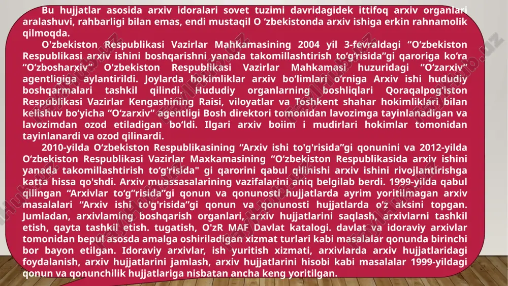 h qoidalari”ni o'zbek tilida chop etdi. “o'zbekiston respublikasi davlat arxivlarida kino, surat va ovozli hujjatlar va videoovozli yozuvlar bilan ishlashning asosiy qoidalari” (ruscha va o‘zbekchavarianti) va “idoralararo shaxsiy tarkib bo'yicha hujjatlar arxivi to‘g‘risida namunaviy nizom “o 'zarxiv’agentligi qoshidagi ilmiy kengashda muhokama qilingan va tasdiqlangan. 2008 yilda “o'zbekiston respublikasi, chet el fuqarolari hamda fuqaroligi bo'lmagan shaxslarning chet davlatlardan kelib tushgan huquqlari va qonuniy manfaatlarini ta’minlashga taaluqli ijtimoiy-huquqiy mazmundagi so‘rovlarini ijro etish tartibi to'g'risida yo'riqnoma”, “tashkilot, muassasa va korxonaning, mulkchilik shaklidan qat'iy nazar, doimiy faoliyat yuritadigan ekspert komissiyasi (ek) to‘g"risida namunaviy nizom”, “vazirlik, davlat qo‘mitasi, idora, yuridik shaxslar birlashmalarining doimiy markaziy ekspert komissiyasi (mek) to‘g‘risida namunaviy nizom”, “0 ‘zbekiston respublikasi davlat arxivlari o‘quv xonalarida foydalanuvchilaming ish qoidalari”ga qo‘shimcha va o‘zgarishlar kiritilib 0 ‘zbekiston respublikasi adliya vazirligida qayta ro‘yxatdan o‘tkazilgan. 2009-yilda “0 ‘zbekiston respublikasi idoraviy arxivlarining asosiy ish qoidalari” ishlab chiqildi va adliya vazirligiga kiritilgan. 2010-yilda o‘zbekiston respublikasi markaziy davlat arxivi tomonidan “restavratsiya …