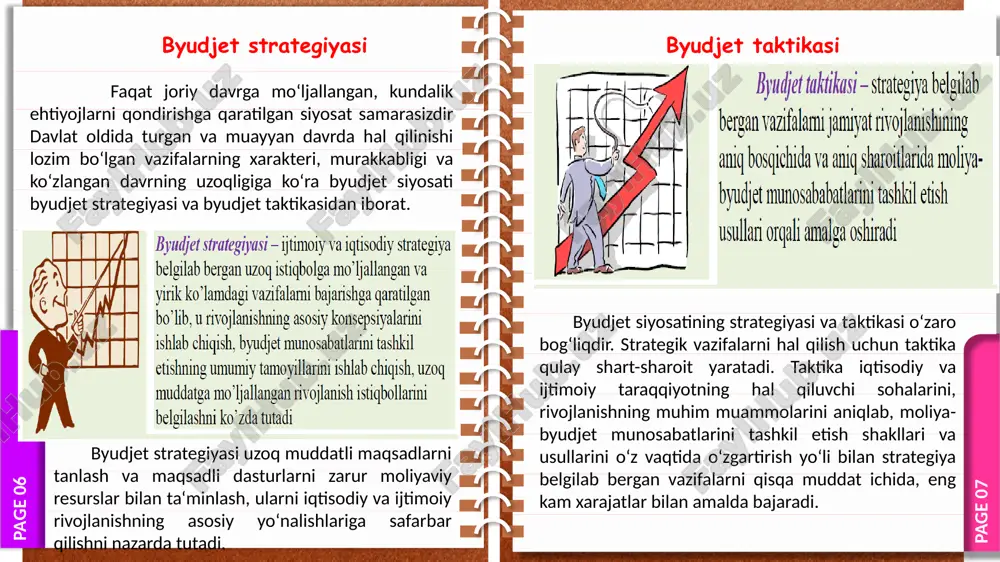 qtisodiy qonunlar talablarini o’rganish; - milliy xo’jalik holatini har tomonlama tahlil qilish; - ishlab chiqaruvchi kuchlar va ishlab chiqarish munosabatlarining bundan keyingi rivojlanish istiqbollarini o’rganish; - aholining talab va ehtiyojlarini o’rganish. byudjet siyosatini amalga oshirishda davlat quyidagi islohotlarni amalga oshiradi istiqbolda va joriy davr mobaynida byudjetdan foydalanishning asosiy yo’nalishlarini belgilab olish. bunda iqtisodiy va moliyaviy siyosatda belgilangan maqsadlarga erishish yo’llaridan kelib chiqiladi, xalqaro omillar inobatga olinadi va moliyaviy resurslarni yanada ko’paytirish imkoniyatlari ko’rib chiqiladi. page 19 page 18 byudjet siyosatini amalga oshirishda davlat quyidagi islohotlarni amalga oshiradi qo’yilgan maqsad va vazifalarni amalga oshirishga qaratilgan amaliy xatti-harakatlar qilish, chora-tadbirlar belgilash, maqbul byudjet mexanizmining dastak va vositalarini ishlab chiqish. e’tiboringiz uchun raxmat! image1.jpg image2.png image3.jpg image4.png image5.jpeg image6.png image7.png image8.png image9.png image10.png image11.png image12.jpeg image13.jpeg image14.jpeg image15.jpeg image16.jpeg image17.png image18.jpeg image19.jpeg image20.jpeg /docprops/thumbnail.jpeg