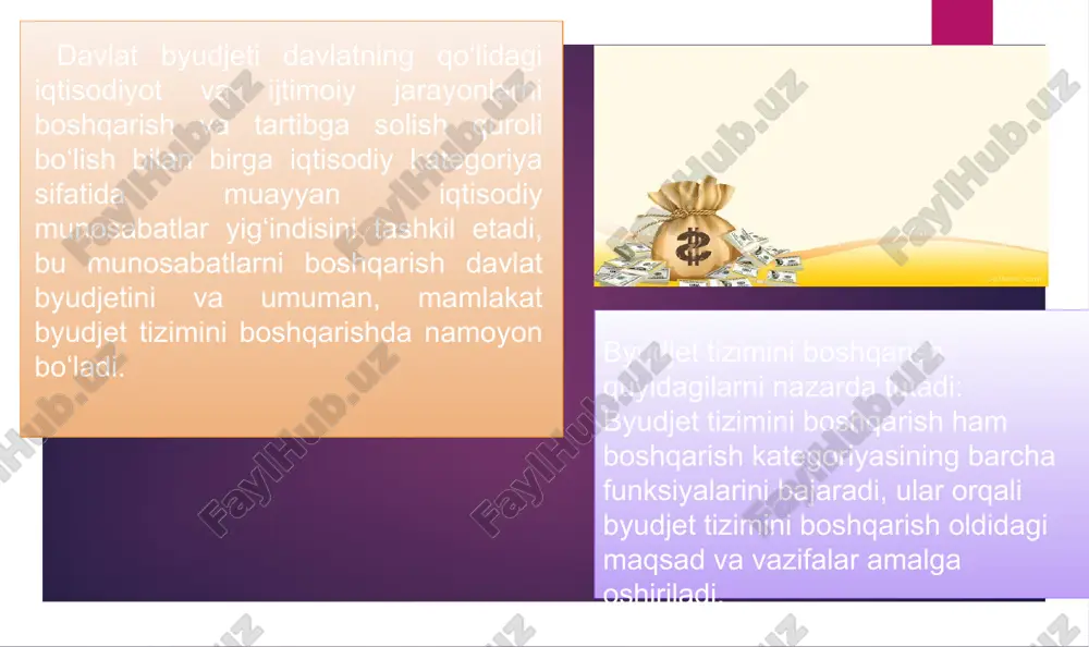 ot tizimlari va resurslaridan foydalanish imkoniyatiga ega bo‘ladi. o‘zbekiston respublikasi vazirlar mahkamasi va moliya vazirligining bank hisobvaraqlaridagi mablag‘larning qonuniy shakllantirilganligi, maqsadli hamda samarali sarflanishi ustidan nazoratni amalga oshiradi. o‘zbekiston respublikasi tiklanish va taraqqiyot jamg‘armasi, shuningdek belgilangan tartibda tashkil etilgan boshqa jamg‘armalar mablag‘larining shakllantirilishi hamda ulardan foydalanilishi ustidan nazoratni amalga oshiradi. * 5. davlat byudjeti va davlat maqsadli jamg‘armalari byudjetlari daromad qismining ijrosi ustidan nazoratni amalga oshiradi. 6. byudjet tizimi byudjetlari mablag‘laridan maqsadli foydalanilishi ustidan nazoratni amalga oshiradi. 7. davlat byudjetining va davlat maqsadli jamg‘armalari byudjetlarining ijrosi to‘g‘risidagi yillik hisobot bo‘yicha tashqi auditni va baholashni amalga oshiradi hamda ular yuzasidan o‘zbekiston respublikasi vazirlar mahkamasiga xulosa taqdim etadi. 8. byudjet jarayonining ochiqligini ta'minlash tartibiga rioya etilishi ustidan nazoratni amalga oshiradi. 9. o‘z vakolatiga kiradigan masalalarga doir normativ-huquqiy hujjatlar qabul qiladi. 10. o‘zbekiston respublikasi hisob palatasi qonunchilikka muvofiq byudjet sohasida boshqa vakolatlarni ham amalga oshirishi mumkin. * o‘zbekiston respublikasi moliya vazirligining byudjet sohasidagi …