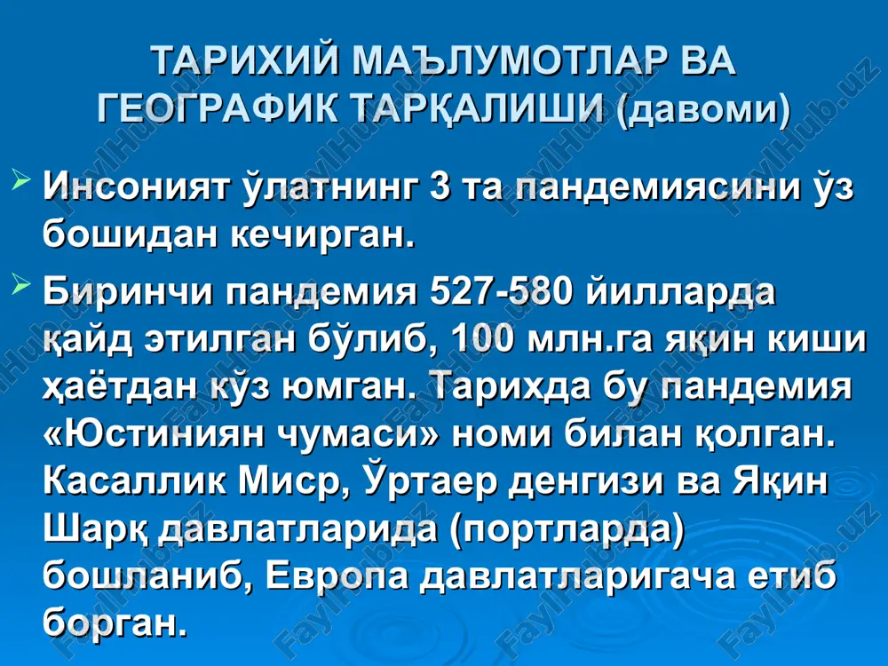 i qismida o'lat tayoqchalari shunchalik tez sur'atda ko'payadiki, taxminan 3 haftadan so'ng, hazm qilish yo'li bundan tiqilib, o'ziga xos bakteriyali tiqin (probka) hosil qiladi, boshqacha aytganda, «o'lat bloki» deyiladi. burganing hazm qilish yo'li tiqilib qolishi natijasida, u navbatdagi sog'lom hayvonni chaqqanida qon oshqozonga o'tmaydi va qaytadan hayvon qon oqimiga tushadi, bu hayvonning zararlanishiga olib keladi. epizootologiyasi (davomi) burganing «yuqumliligi» bir oy davom etadi (ayrim ma'lumotlarga ko'ra bu davr bir yilgacha davom etishi mumkin). o'latning epizootiyasi asosan burgalar makonida davom etadi. burgalar o'ziga o'lat qo'zg'atuvchisini kemiruvchilardan, tuya va boshqa hayvonlardan yuqtirib oladi. kemiruvchilar, shuningdek, tuya va boshqa hayvonlar jasadini tark etgan burga, oziqlanish uchun boshqa tirik kemiruvchiga yoki hayvonga tashlanadi, odamga hujum qiladi va ularga o'lat kasalligini qo'zg'atuvchisini yuqtiradi. epidemiologiyasi (davomi) respublikamiz hududida odamlar uchun o'lat kasalligining etakchi manbalari katta va kichik qumsichqonlar, yumronqoziq, sug'ur va tuyalar hisoblanadi. o'latning o'pka shakli, ayrim hollarda o'latning sepsis shakliga chalingan odamlar, kasallik qo'zg'atuvchisining xavfli …