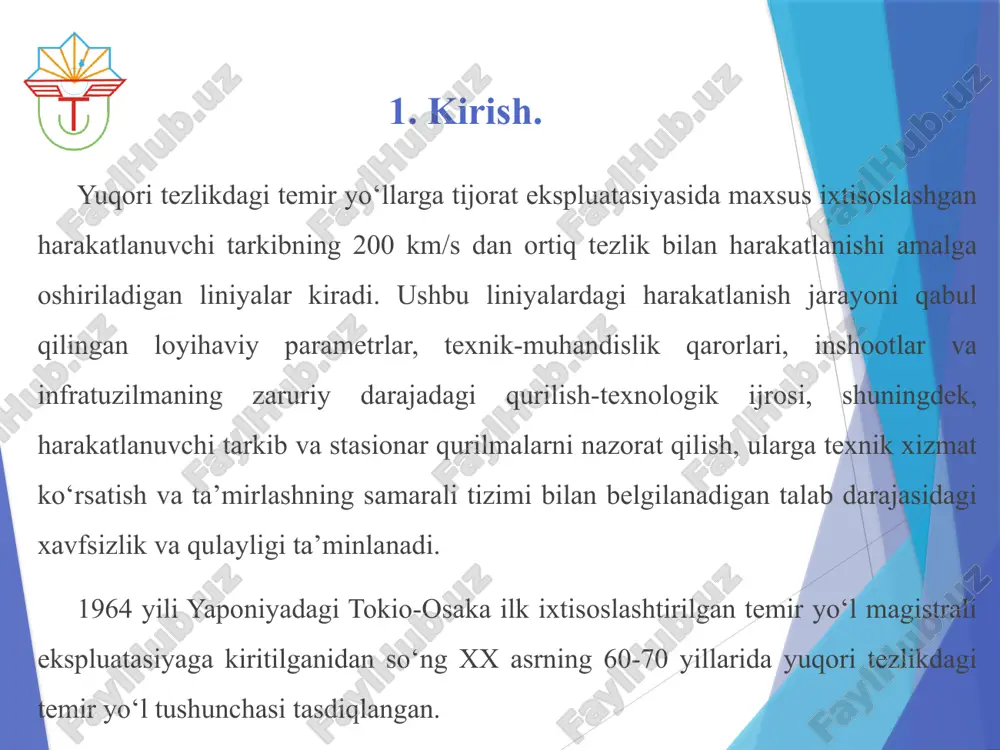 r poyezdning maksimal tezligi 192 km/s ni tashkil etib, u 6 ta vagondan iborat. bosh vagonda 883 kvt quvvatiga ega bo‘lgan dizel-generatorli qurilma joylashgan bo‘lib, u birinchi aravachaning ikkita tortish dvigatelini elektr energiyasi bilan ta’minlaydi. fransiyaning parij-lion va o‘rta er dengizi hududi liniyalarida “bugatti royal” avtomotrisalarida tezyurar harakatning yaxshi natijalariga erishilgan. bu avtomotrisalar to‘rtta “royal`” dvigatellariga ega bo‘lib (har biri 147 kvt), ular benzol va spirt aralashmasida ishlaydi. avtomotrisaning texnik yangiligi shundan iboratki, u noyob to‘rt o‘qli aravachalarga ega bo‘lib, har bir vagonga ikkitadan biriktirilgan, g‘ildiraklari markazi va bandajlari o‘rtasida rezinali vkladish mavjud. “bugatti royal`” motrisalari tezligini 170 km/s gacha oshiradi, biroq qonuniy cheklovlar natijasida 120 km/s maksimal tezlik bilan ishlatilgan. ikkinchi jahon urushidan keyin tezyurar harakatlanishda teplovoz tortishini qo‘llash orqali sezilarli natijalarga erishildi. buyuk britaniyada “deltik” teplovozi, so‘ng “intersiti 125” dizel-poyezdi maksimal tezligini 125 milya/s (201,1 km/s) gacha oshirib, eng tez harakatlanuvchi dizel-poyezdlar sifatida ginnesning rekordlar kitobiga kiritilgan. 1993 …