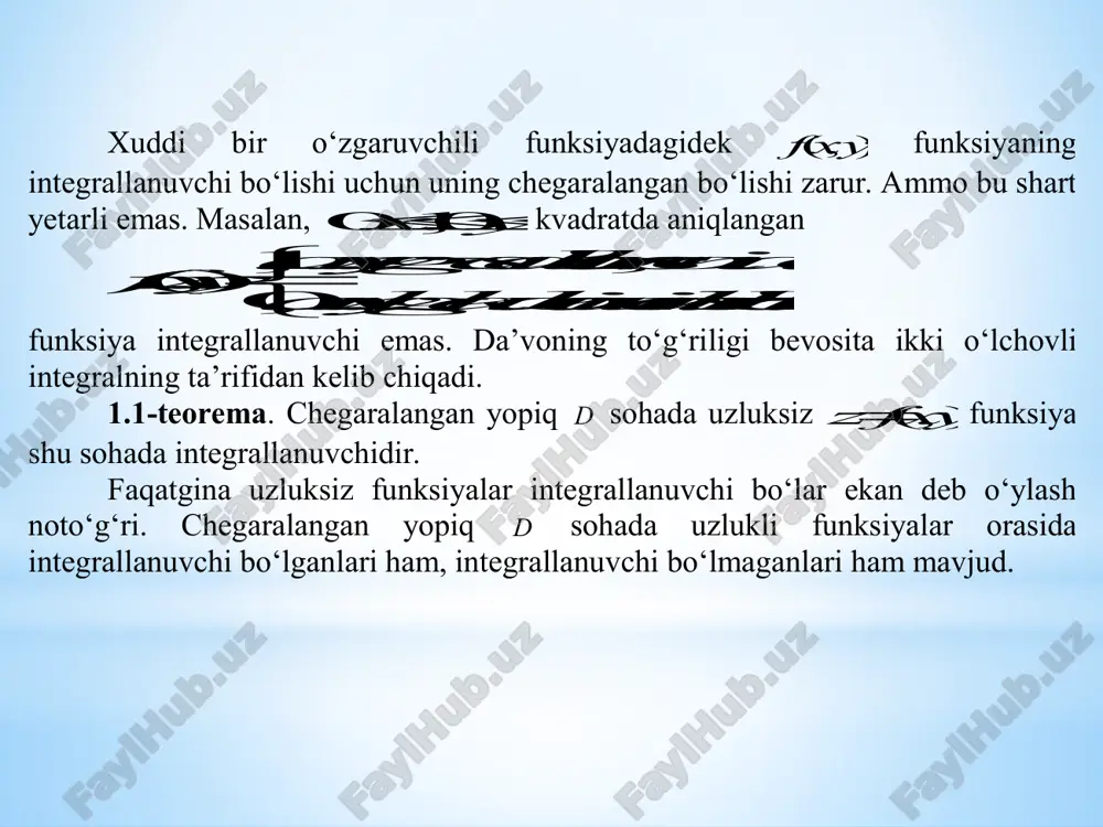 (,)  integralga qaytamiz. farazimizga ko‘ra integrallash sohasi d y0 o‘q yo‘nalishida muntazam soha va 0),(yxf . qilingan faraz ikki o‘lchovli integralni yuqoridan ),(yxfz sirtning d sohaga proyeksiyalanadigan qismi bilan, quyidan d soha bilan hamda yo‘naltiruvchisi d sohaning chegarasidan iborat, yasovchisi z0 o‘qqa parallel silindrik jismning hajmiga tengligidan foydalani sh imkonini beradi, ya’ni   d dxdyyxfv ),( tenglikdan foydalanish imkonini beradi. ma’lumki, jismning x0 o‘qqa perpendikulyar xx bxa tekislik bilan kesganda hosil bo‘lgan kesimning yuzi  xs ma’lum bo‘lsa, u holda bu jismning hajmi dxxsv b a   )( (1.4) formula yordamida topiladi. silindrik jismning hajmini shu formuladan foydalanib hisoblaymiz.  0;0;x nuqta orqali x0 o‘qqa perpendikulyar tekislik o‘tkazib kesimda qmpm 21 egri chiziqli trapetsiyani hosil qilamiz (8 -chizma). 21 mm egri chiziq nuqtalarining applikatasi ),(yxfz x o‘zgarmas bo‘lganligi uchun faqat y ning funksiyasi bo‘lib, bunda y  x 1  dan  x 2  gacha o‘zgaradi. …