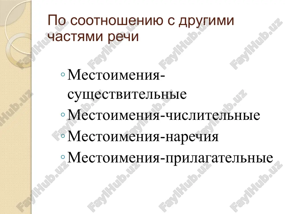 a bolit… ne vispalsya! pochemu, vopr. mest. pochemu bejit pauk? – gonitsya za muxoy. pochemu, otn. mest. ya sprosil, pochemu nujno obyazatelno polzti. za chem, pr. + mest. za chem prishyol? – za solyu. za chem, pr.+ mest. ya znayu, za chem on prixodil… za shpargalkami! ot chego, pr. + mest. ot chego ti nachal probejku? ot dereva ili stolba? ot chego, pr. + mest. ya znayu, ot chego u tebya golova bolit… ot urokov! po chemu, pr. + mest. po chemu tam bejit pauk? po stene ili po polu? po chemu, pr. + mest. ya sprosil, po chemu polzti – po polu ili po matam? neopredelennie mestoimeniya neopredelyonnie mestoimeniya ukazivayut na neizvestnie predmeti, neopredelyonnie priznaki i sobitiya, neopredelyonnoe kolichestvo i t.p. pochti vse oni obrazuyutsya ot voprositelnix mestoimeniy pribavleniem chastitsi ne, kotoraya prevrashaetsya v pristavku, ili chastits -to, -libo, -nibud, koe-: ne + kto, chto, kotoriy, skolko, kogda → …