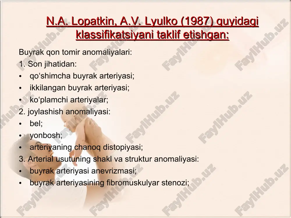 nximasida kalavachalar soni ancha kam, biroq; oralik, to‘qima ancha yaxshi rivojlangan. kichik buyrak, ko‘pincha nefrogen gipertoniya bilan asoratlanadi. utt yordamida tekshirilganda gipoplaziya tomonda buyrak o‘lchamlari yoshiga nisbatan kichik bo‘ladi, struktur elementlari kuzatiladi, buyrak sinuslarining deformatsiyasi aniqlanadi o‘ng buyrak gipoplaziyasining exografik tasviri buyrak joylashuv patologiyasi buyrak distopiyasi. qayerda joylashganligiga ko‘ra buyrakning ko‘krak distopiyasi, yonbosh distopiyasi, tos distopiyasi qarama-qarshi distopiyalar tafovut etiladi. bu patologiyaning asosiy sababi, birlamchi buyrak rivojlanishida uning chanoq sohasidan bel tomon siljish jarayonining buzilishidir. ko‘krak distopiyasi kam uchraydi, odatda, to‘satdan aniqlanadi. ko‘krak qafasi rentgen yoki flyuorografiya qilinganida diafragma ustida soya borligi qayd qilinadi. bu holda o‘sma yoki exinokokkoz tashxisi qoyiladi. biroq; ekskretor urologiya bajarilganida haqiqiy hol aniqlanadi. ba’zan bu xastalik diafragma relaksatsiyasi bilan birgalikda uchraydi. ko‘krak distopiyasida siydik nayi odatdagidan uzun bo‘lib, qon tomirlari ham shox tomirning yuqorisidan boshlanadi. yonbosh distopiyasida buyrak yonbosh chuqurchasida joylashadi. bu holda buyrakning nerv chigallari va qo‘shni a’zolarga ta’siridan qorinda og‘riq bo‘lishi mumkin. qorin …
