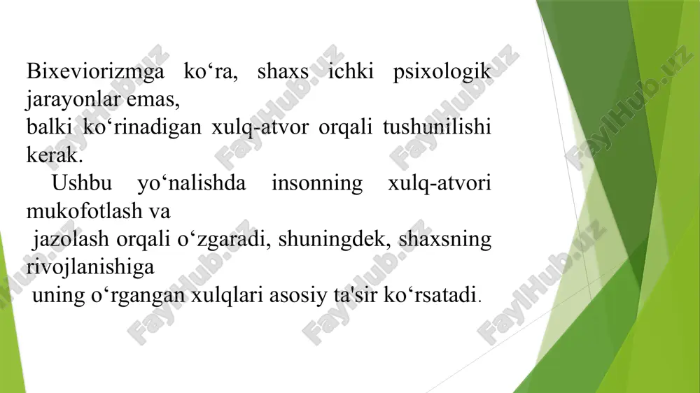 eviorizm nazariyasi asrlar davomida o‘zgarishlar va rivojlanishlarga uchradi. avval faqat tashqi xulq-atvorni o‘rganishga qaratilgan bo‘lsa, zamonaviy tizimlar ichki kognitiv jarayonlarni ham hisobga oladigan keng qamrovli yondashuvlarga aylandi. bugungi kunda bixevioristik nazariyalar kognitiv psixologiya, nevropsixologiya, ijtimoiy o‘rganish va iqtisodiyot kabi sohalar bilan chambarchas bog‘liq bo‘lib, ularning amaliy qo‘llanilishi yanada kengayib bormoqda. image1.jpeg image2.jpeg image3.png image4.png image5.jpg image6.jpeg /docprops/thumbnail.jpeg