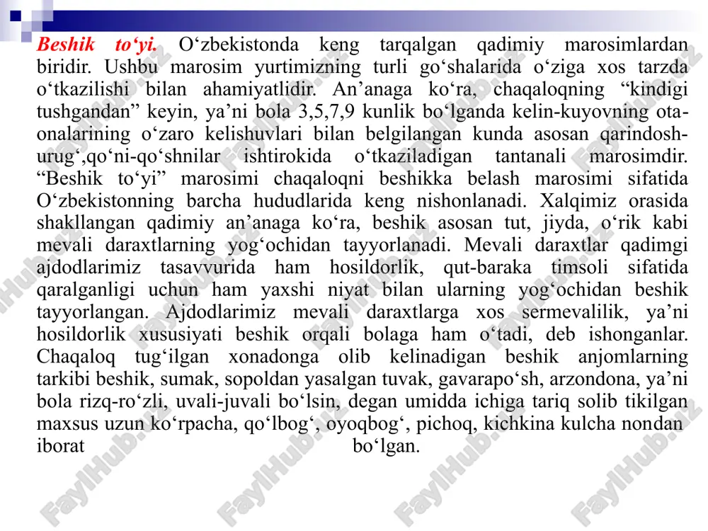 ikkita nonni olib chetidan tishlaydi va onaga beradi. ona bu nonlarni tishlab turganida marosimda qatnashayotgan yosh bolalar bu nonni onaning og‘zidan yulib olib ketishadi va bo‘lib yeydilar. bu udum zamirida beshikdagi chaqaloq ham xuddi shu bolalar kabi rizq nasibali bo‘lib ulg‘ayib, chopqillab yursin degan tilak mujassamlashgan. «sunnat to‘yi» — o‘g‘il bolalarning «qo‘lini xalollash» ya’ni sunnat qilish marosimi. «sunnat» so‘zi aslida arabcha bo‘lib «hamma qabul qilgan qoida, odat» ma’nosini anglatadi. bu marosim ko‘pgina joylarda «xatna to‘yi» deb ham ataladi. zero, «xatna» atamasi arab tilidagi «kesmoq», «qisqartirmoq» ma’nolarini anglatuvchi «xatnun» so‘zidan olinganligi uchun o‘g‘il bolalar jinsiy a’zosining uch qismi terisini kesish bilan bog‘liq marosim ham «xatna to‘yi», deb yuritiladi. bu marosim mamlakatimiz viloyatlarida «xatna to‘yi», «sunnat to‘yi», «ummat qilmoq», «xuydo-xuydo qilmoq», «chuk to‘yi», «to‘yi pisar», «chukbo‘ron», «gula qildirish», «kestirish», “chukron to‘y“ “o‘gil to‘yi”, “nevara to‘yi”, “o‘g‘il to‘yi”, «qo‘lni halollash to‘yi» kabi nomlar bilan ataladi. bu marosim ham uzoq tarixiy davrlar bilan bog‘liq …