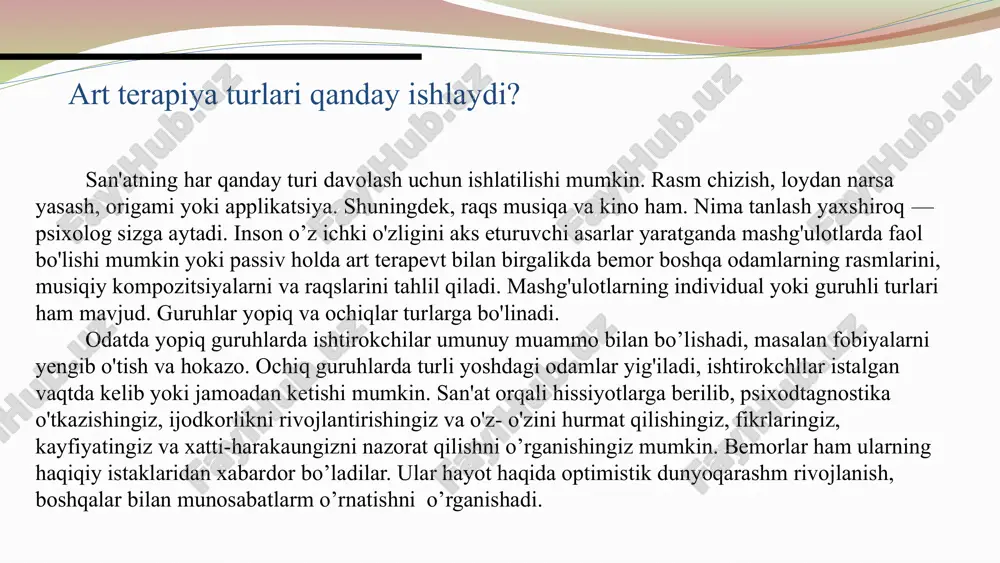 yaratadi. xulosa o’rnida shuni aytish mumkinki, bola xatti-harakatdagi emotsional buzilishlarni, albatta o’yinlar, o’yinchoqlar, bolaning tasviriy faoliyati, musiqa,teatr va umuman aytganda san’at yordamida ham to’g’irlasa bo’ladi. bolalar uchun eng tushunarli va sevimli usul bu ertakdir. xulosa e’tiboringiz uchun rahmat! image2.jpeg image3.jpeg image4.png image5.png image6.jpeg image7.jpeg image8.jpeg image9.jpeg image10.png image11.png image12.jpeg image13.png image14.png image15.jpeg image16.jpeg image17.jpeg image18.jpeg image19.jpeg image20.jpeg