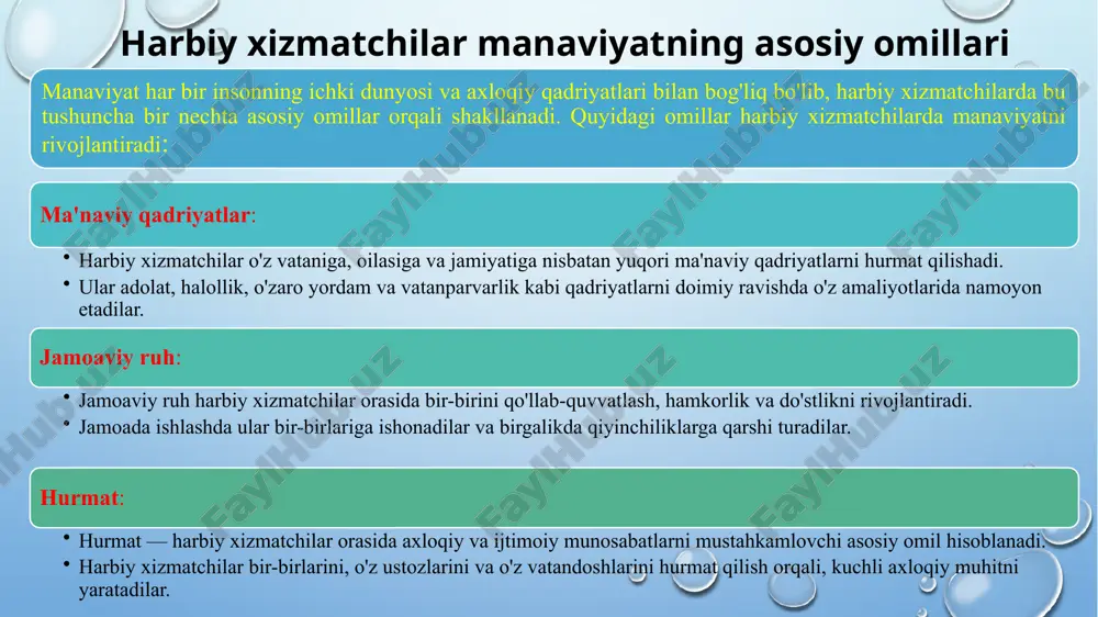 tinchligini, xavfsizligini ta'minlashga xizmat qiladi va shu orqali ularga nisbatan katta javobgarlik bor. harbiy xizmatchilar manaviyatining psixologik asoslari harbiy xizmatchilarning manaviyatini shakllantirishda psixologik asoslar muhim rol o'ynaydi. psixologik mustahkamlik va stressni yengish harbiy xizmatchilarning samarali xizmat qilishiga yordam beradi, shuningdek, ularning ruhiy holatini saqlashda muhim omildir. quyidagi jihatlar harbiy xizmatchilarning ruhiy tayyorgarligini ta'minlashda asosiy rol o'ynaydi: natijada harbiy xizmatchilarning psixologik mustahkamligi va stressni boshqarish qobiliyati manaviyatni shakllantirishning muhim qismidir. ruhiy tayyorgarlik va psixologik o'qitish harbiy xizmatchilarga yuqori darajadagi tayyorgarlik va qiyinchiliklarni yengish qobiliyatini beradi, bu esa ularning muvaffaqiyatli va samarali xizmat qilishiga yordam beradi. harbiy xizmatchilar manaviyatining psixologik asoslari 12 psixologik mustahkamlik: harbiy xizmatchilarda psixologik mustahkamlik qiyinchiliklarga, xavf-xatarlarga va og'ir sharoitlarga qarshi kurashishda zarur bo'lgan kuchni beradi. psixologik mustahkamlik harbiy xizmatchilarga stressni boshqarish, hissiy va ruhiy qiyinchiliklarni yengish, va kuchli irodani saqlashda yordam beradi. psixologik mustahkamlik, o'z navbatida, jismoniy kuch va ma'naviy qadriyatlar bilan birgalikda harbiy xizmatchilarning mukammallikka intilishlariga turtki …
