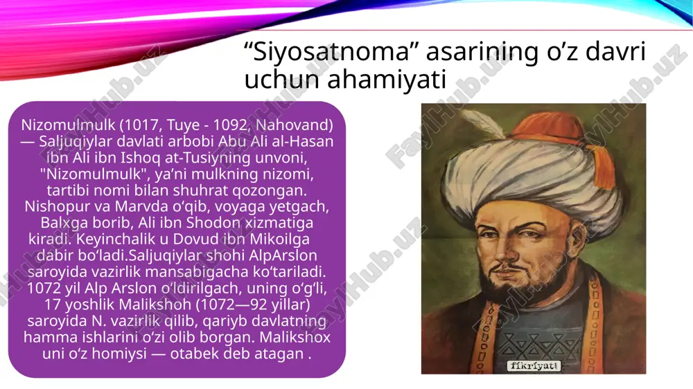 on uslubga yaqinlashtirilgan tarzda berildi. asarni nashrga tayyorlashda bizga yordam bergan barcha shaxslarga, jumladan tarjimani asl nusxa bilan solishtirishga koʼmaklashgan olima nabievaga, noshirlarimizga minnatdorchilik bildiramiz. xulosa qilib aytganda asarni o'qigan insoni albatta fikrlashi o'ylashi o'zgarar ekan.asar shunday mahorat bilan yozilganki har bitta detallarga alohida e'tibor berilgan.asarda din jihatidan ko'proq ma'lumotlat berilgan.yana bir diqqatga loyiq ma'lumotlar qatlamni mualif davrigacha sodir bo'lgan turli diniy va ijtimoiy harakatlar tarixiga tegishli bo'lgan voqelar tashkil etadi.asardan shuni anglash mumkinki doimo adolatli bo'lish lozim aql ham jasorat bilan ish tutmoqlik kerak .“siyosatnoma” asaridagi hokimiyat va uni boshqarish tushunchasi “siyosatnoma” asari o’z davri uchun, nizom al-mulk o'zining podshohlik haqidagi "siyosatnoma" (hukumat kitobi) nomli katta risolasi bilan ham mashhur bo'lib, u malikshoh o'z vazirlaridan hukumat, ma'muriyat va xalq duch kelayotgan muammolar haqida kitoblar chiqarishni so'raganidan keyin yozilgan. biroq nizom yaratgan risola yagona ma'qullangan va natijada "millat konstitutsiyasining qonuni" sifatida qabul qilingan. risolada adolat, samarali boshqaruv va hukumatning islom …