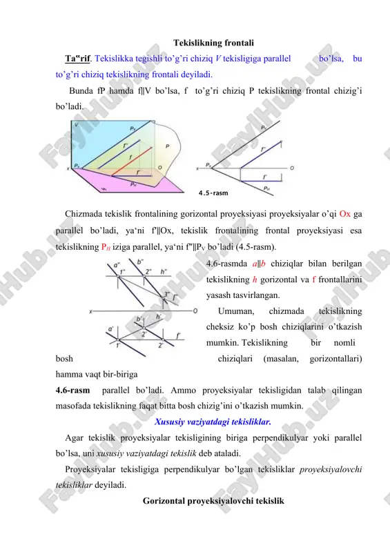 tegishliligi to’g’ri chiziq va tekislik fazoda o’zaro quyidagi vaziyatlarda bo’lishi mumkin: · to’g’ri chiziq tekislikka tegishli (ap), · to’g’ri chiziq tekislik bilan kesishadi (ap), · to’g’ri chiziq tekislikka parallel (a p), · to’g’ri chiziq tekislikka perpendikulyar (ap). tekislikka tegishli to’g’ri chiziq va nuqta. quyidagi xollarda to’g’ri chiziq tekislikka tegishli bo’ladi: · agar to’g’ri chiziqning ikki nuqtasi tekislikka tegishli bo’lsa, bu to’g’ri chiziq tekislikka tegishli bo’ladi. masalan, a to’g’ri chiziqning a va b 4.13-rasm b a nuqtalari (4.13-rasm) q tekislikka tegishli bo’lganligi uchun a to’g’ri chiziq q tekislikka tegishli bo’ladi; · agar m to’g’ri chiziqning bir nuqtasi tekislikka tegishli bo’lib, mazkur tekislikka tegishli yoki unga parallel biror to’g’ri chiziqqa parallel bo’lsa, bu to’g’ri chiziq tekislikka tegishli bo’ladi. masalan, m to’g’ri chiziqning c nuqtasi q tekislikka tegishli va bu to’g’ri chiziq mazkur tekislikka tegishli to’g’ri chiziqqa parallel bo’lsa, u holda m to’g’ri chiziq q tekislikka tegishli bo’ladi. foydalanilgan adabiyotlar: 1. engeneering drawing, …
