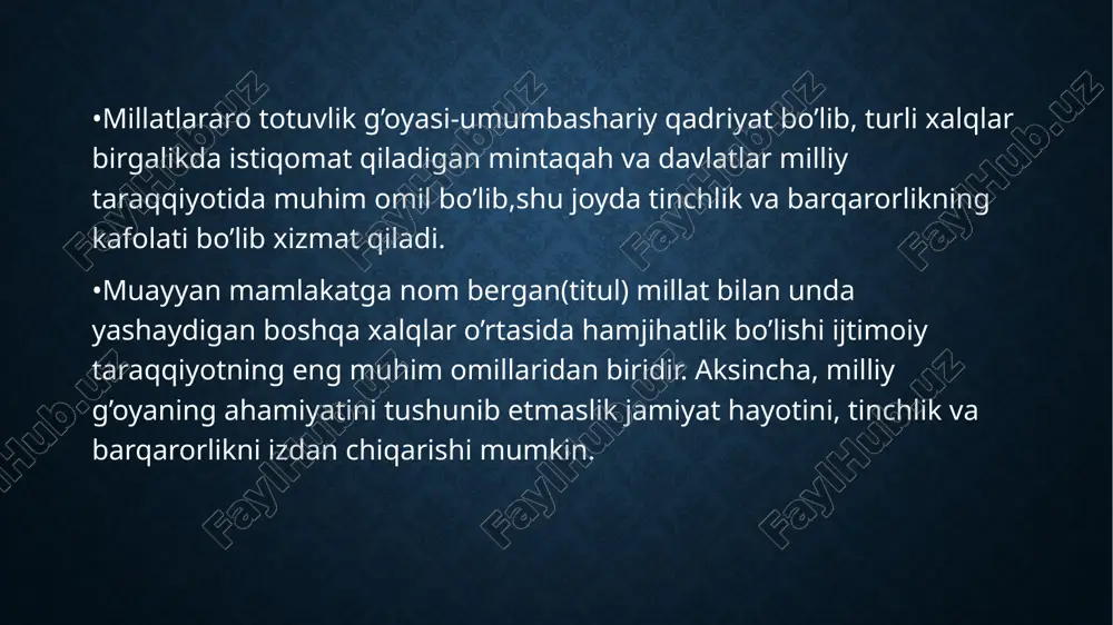 odir bo’ladilar” bugun o’zbekiston diniy bag’rikenglik (tolerantlik) va dinlararo murosa borasida faqat mdh davlatlariga emas, balki butun dunyoga namuna bo’lmoqda. bu haqda moskva va butunrus patriarxi aleksey ii, aqsh senatori xillari klinton xonim, aqsh sobiq davlat kotibi madlen olbrayt va iordaniya qirolligi shahzodasi hasan ben talol yurtimizga tashriflari vaqtida ta’kidlab o’tgan fikrlari bunga misoldir. albatta, xalqimizga azaldan xos bo’lgan bu xislat o’zining uzoq tarixiga ega. image2.emf image3.jpeg image4.jpeg image5.jpeg image6.jpeg image7.jpeg image8.jpeg image9.jpeg /docprops/thumbnail.jpeg