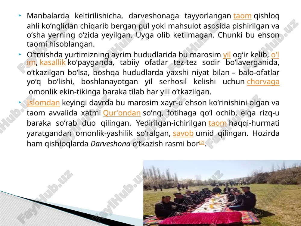 suyuq osh va shho’rvalar qoshiq bilan ichiladi, qoshiqning sopi bosh barmoq bosib ushlanadi. gʻijduvon buyuk ipak yoʻli yaqinida joylashganligi sababli hunarmandchilik qadimdan rivojlangan. bu yerda bezakli kulolchilik ustalari narzullayevlar sulolasining 6-avlodi vakillari yashab, ijod qiladi. 2000-yilda ushbu oila vakillaridan biri abdulla narzullayev g‘ijduvon sirlangan kulolchilik markaziga asos solgan bo‘lib, uning tarkibiga quyidagilar kiradi: oʻzbekistonning anʼanaviy kulolchilik namunalarini oʻzida jamlagan kulolchilik muzeyi; viloyat xalq hunarmandchiligini koʻrsatadigan galereya; keramika ustaxonasi; kashta tikish ustaxonasi; narzullayevlar uyi. bu yerda o‘zbekiston dekorativ-amaliy sanʼatining boy anʼanalari asosida zamonaviy hunarmandlar tomonidan tayyorlangan mahsulotlarni xarid qilish mumkin. shahar kulolchilik, temirchilik, zargarlik, kashtachilik buyumlari, holvapazlik mahsudotlari bilan mashhur.[ e’tiboringiz uchun rahmat !!! image1.jpeg image2.jpeg image3.jpeg image4.jpeg image5.jpeg image6.jpeg image7.jpeg image8.jpeg image9.jpeg image10.jpeg image11.jpeg image12.jpeg image13.jpeg image14.jpeg image15.jpeg image16.jpeg image17.jpeg