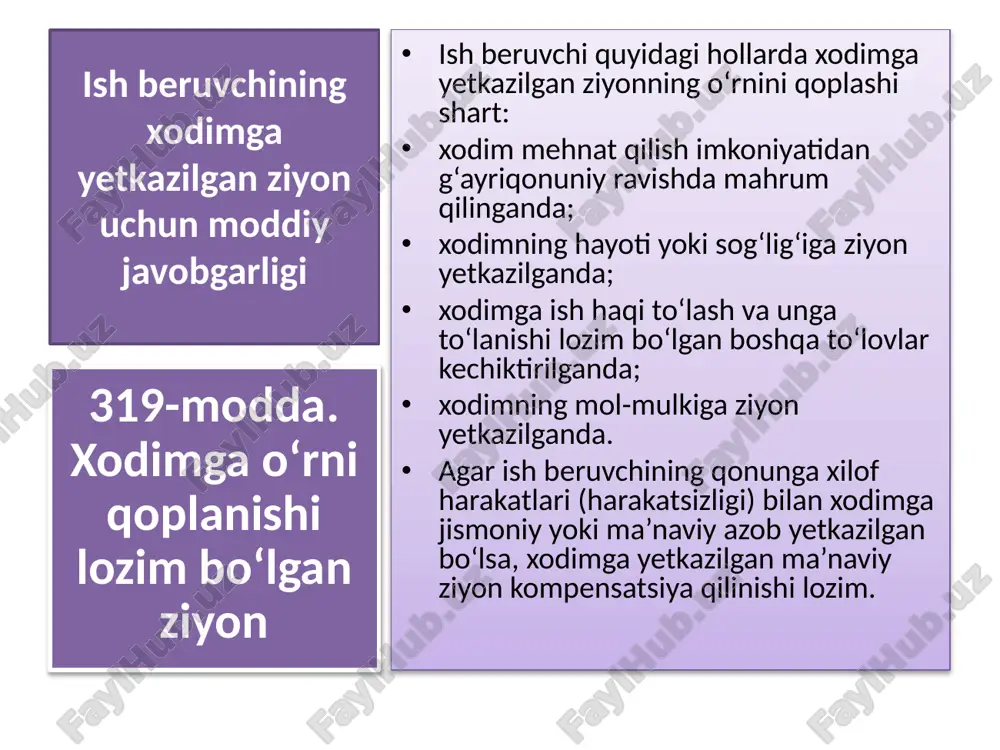 masa, shuningdek jabrlanuvchi va ish beruvchi o‘rtasida ziyonning o‘rnini qoplash bo‘yicha nizo yuzaga kelgan taqdirda hamda nizo jabrlanuvchining foydasiga hal bo‘lgan taqdirda ko‘rsatilgan yuridik yordam uchun advokatga haq to‘lash xarajatlarining o‘rni qoplanishi lozim. 325-modda. xodimning sog‘lig‘iga ziyon yetkazilganda qo‘shimcha xarajatlarni kompensatsiya qilish dorilarni sotib olish xarajatlari davolovchi shifokor yozib bergan belgilangan shakldagi retsept va sotib olingan dorilar ko‘rsatilgan holdagi to‘lov cheki taqdim etilganidan keyin ish beruvchi tomonidan to‘lanadi. i guruh nogironligi bo‘lgan shaxslar uchun tibbiy-ijtimoiy ekspert komissiyasining uy sharoitida parvarishlash zarurati to‘g‘risidagi xulosasi talab etilmaydi (bundan ular maxsus tibbiy yordamga muhtoj bo‘lgan hollar mustasno). ushbu moddada ko‘rsatilgan bir necha yordam turiga muhtoj bo‘lgan jabrlanuvchiga har bir yordam turini olish bilan bog‘liq xarajatlarning o‘rni qoplanadi. 326-modda. xodimning sog‘lig‘iga ziyon yetkazilganda mehnat shartnomasi taraflarining aralash javobgarligi agar jabrlanuvchining qo‘pol ehtiyotsizligi ziyonning kelib chiqishiga yoki ko‘payishiga sabab bo‘lsa, o‘rni qoplanishi lozim bo‘lgan ziyon miqdori jabrlanuvchi aybining darajasiga qarab, muvofiq ravishda kamaytiriladi. 326-modda. xodimning …