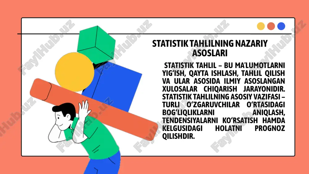 taqdim qilish mumkin. asosiy qismda statistik tahlilning nazariy va amaliy jihatlari ms excel dasturi asosida to‘liq yoritildi. amaliy misollar orqali deskriptiv statistika, korrelyatsiya va regressiya tahlillari bajarildi, shuningdek, maʼlumotlar diagrammalar orqali vizuallashtirildi. bu bilimlar talabalarga real hayotiy statistik masalalarni tez va aniq yechishda yordam beradi. etiboringiz uchun rahmat image1.gif image2.png image3.svg image4.gif image5.gif image6.png image7.svg image8.png image9.svg image10.gif image11.jpeg image12.png image13.jpeg image14.jpeg image15.png image16.svg image17.png image18.gif image19.gif sheet0 ko‘rsatkich mazmuni excel funksiyasi o‘rtacha qiymat (mean) maʼlumotlarning arifmetik o‘rtachasi median (median) maʼlumotlar o‘rtasidagi markaziy qiymat moda (mode) eng ko‘p uchraydigan qiymat =mode.sngl(range) dispersiya (variance) maʼlumotlarning tarqoqlik darajasi =var.p(#ref!) standart og‘ish (standard deviation) maʼlumotlarning o‘rtachadan og‘ishi =stdev.p(range) sheet0 talaba yakuniy baho qatnashish foizi a 85 90 b 78 80 c 92 95 d 88 85 e 75 70 /docprops/thumbnail.jpeg