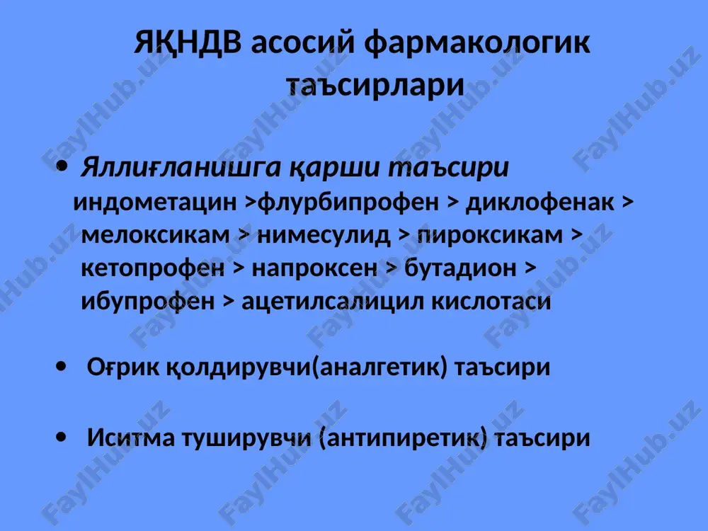xoz) gk nojo'ya ta'siri miy ga ta'siri: ultserogen ta'sir (pepsin va me'da shirasi miqdorini ortiqcha stimullaydi) dispepsiya (ko'ngil aynishi, qusish) gk nojo'ya ta'siri boshqalar: aqb ko'tarilishi natriy va suvning ushlanib qolishi hayz tsiklining buzilishi isitma uyquning buzilishi gipokaliemiya akne jarohat bitishining sekinlashuvi revmatik kasalliklarda gk-terapiyaning asosiy variantlari lokal (bo'g'im bo'shlig'iga) lokal (mahalliy) tizimli kichik dozalar yuqori dozalar alternatsiyalovchi puls-terapiya «mini-puls» terapiya qo'shma (tsitostatiklar bilan) * ko'rsatmalar yallig'lanuvchi, allergik va autoimmun kasalliklar(biriktiruvchi to'qimaning diffuz kasalliklari, gemolitik anemiya, dermatit, allergik dermatitlar, bronxial astma, organlpr transplantatsiyasi) buyrak usti bezi etishmovchiligi (o'rin bosuvchi davolash sifatida) turli etiologiyali shoshilinch holatlar (anafilaktik shok, turli etiologiyali shoklar, o'pka shishi, astmatik status) *