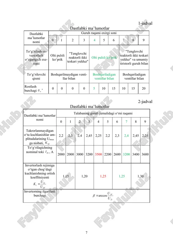 paralel va ketma-ket ulash xususiyatlarini bilish, berilgan sxemaning boshqarilmaydigan va boshqariluvchi to‘g‘rilagich rejimlarida qanday ishlash nazariyasini o‘zlashtirish kerak. hisoblashlarni bajarishdan oldin ko‘rsatilgan rejimlar uchun transformator ventili chulg‘amidagi faza kuchlanish tiristorning boshqariluvchi elektrodlarga beriluvchi boshqaruv toki , to‘g‘rilangan kuchlanish va tok , ventillarning toki , o‘zgartiruvchi transformatorning ventil va tarmoq chulg‘amlari bitta fazasi toklari ( va ) biror bir ventildagi kuchlanish larning vaqt diagrammasini qurish lozim. bu diagrammalar 2-ilovada berilgan analitik bog‘lanishlarni tushunib olishga yordam beradi. vaqt diagrammalarini qurish chog‘ida dastlabki ma’lumotlar sifatida ventil chulg‘amidagi kuchlanishning ta’sir etuvchi qiymati va to‘g‘irlangan tokining o‘rtacha qiymati qabul qilinadi. o‘zgartgichning invertor (terslash) rejimida ishlovchi sxemasi ham to‘g‘rilash rejimiga o‘xshash holda bajariladi. 1. transformatorning loyiha parametrlarini hisoblash to‘g‘rilovchi va to‘g‘rilovchi-terslovchi agregatlar yarim o‘tkazgichli o‘zgartgichdan tashqari maxsus o‘zgartiruvchi transformatordan iborat bo‘lib, bu transformator tarmoq kuchlanishini o‘zgartgich kirishidagi kuchlanish bilan moslash va yuklama zanjirini ta’minlovchi tarmoqdan galvanik ajratib turish uchun mo‘ljallangan. kurs loyihasida transformatorning loyiha parametrlarini hisoblash …