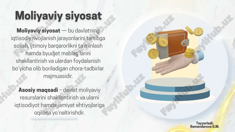 i ta’minlash. ijtimoiy yo‘naltirilganlik – aholining farovonligini oshirishga qaratilgan bo‘lishi. tayyorladi: samandarova g.m. ekspansion (kengaytirilgan) byudjet siyosati: davlat xarajatlarini oshirish, soliqlarni kamaytirish orqali iqtisodiy faollikni rag‘batlantirish. 👉 maqsadi: iqtisodiy o‘sishni tezlashtirish, yangi ish o‘rinlarini yaratish, talabni oshirish. aqsh: 2008–2009 yillardagi global moliyaviy inqiroz davrida aqsh hukumati “stimulus paketlari” orqali trillionlab dollar xarajat qilib, iqtisodiyotni qo‘llab-quvvatladi. o‘zbekiston: 2020-yilda pandemiya davrida hukumat tadbirkorlik subyektlarini qo‘llab- quvvatlash uchun soliq imtiyozlari berdi, davlat xarajatlari (sog‘liqni saqlash, ijtimoiy yordam, kredit subsidiyalari) keskin oshirildi.tayyorladi: samandarova g.m. restriktiv (cheklovchi) byudjet siyosati: davlat xarajatlarini qisqartirish, soliqlarni oshirish yoki yangi soliq turlari joriy etish orqali byudjet taqchilligini kamaytirish. 👉 maqsadi: inflyatsiyani jilovlash, davlat qarzini nazorat qilish, moliyaviy barqarorlikni tiklash. gretsiya: 2010-yillarda davlat qarzi yaimning 160 foizidan oshib ketgach, xalqaro kreditorlar talabi bilan byudjet xarajatlari qisqartirildi, soliqlar oshirildi. natijada ijtimoiy noroziliklar kuchaydi, ammo qarz xavfi kamaydi. o‘zbekiston: 2017–2018 yillarda iqtisodiy liberallashuv davrida hukumat davlat xarajatlarini tartibga soldi, ayrim imtiyozlarni qisqartirdi …