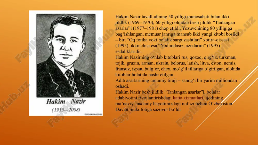 on xalq yozuvchisi hakim nazirdir. butun boshli roman o'qib tushuniladigan mazmunni u o'zining qisqa hikoyalariga singdirgan. bu esa o'zi navbatida, yozuvchining "qalami o'tkirligi"dan dalolat beradi image1.png image2.png image3.png image4.png image5.png image6.png image7.png image8.png image9.png image10.png image11.png image12.png image13.png image14.png image15.png image16.png /docprops/thumbnail.jpeg