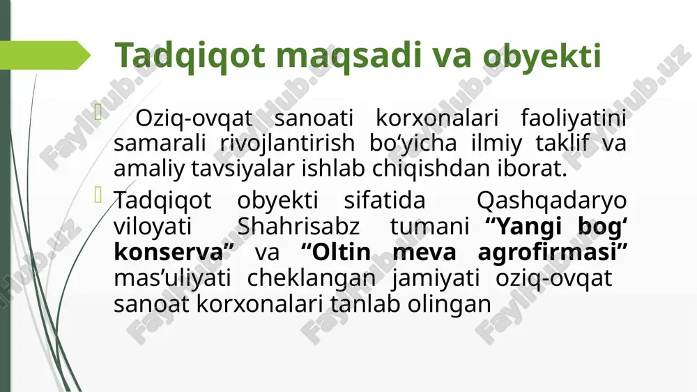 arni sotishdan sof tushum, ming so‘m; smt – sotilgan mahsulotning tannarxi, ming so‘m. ishlab chiqarish bo‘yicha rentabellik darajasi, % – ishlab chiqarish bo‘yicha rentabellik darajasi, % yaf –yalpi foyda, ming so’m; smt – sotilgan mahsulotning tannarxi, ming so‘m. resurs tejamkorlik koeffitsiyenti (kr) ichxi – innovatsion texnologiyani ishlab chiqarish xarajatlari, ming so‘m; ichxa – an’anaviy texnologiyani ishlab chiqarish xarajatlari, ming so‘m. texnologiyaning innovatsionlik darajasi (id) δyaf – yalpi foyda o‘sishi, ming so‘m; δichx – ishlab chiqarish xarajatlari o‘rtasidagi tafovut, ming so‘m. yalpi mahsulot o‘sishi δyam = yami – yama δyam – yalpi mahsulot o‘sishi, ming so‘m; yami – innovatsion texnologiya bo‘yicha yalpi mahsulot, ming so‘m; yama – an’anaviy texnologiya bo‘yicha yalpi mahsulot, ming so‘m. oziq-ovqat korxonalarida mahsulot ishlab chiqarish samaradorligini oshirishda quyidagi choralar muhimdir: resurstejamkorlik koeffisiyentini pasaytirish: resurslar va energiyani tejamkorlik bilan ishlatish, xarajatlarni kamaytirish. texnologiyaning innovatsionlik darajasini oshirish zamonaviy va innovatsion texnologiyalarni joriy etish orqali ishlab chiqarishni optimallashtirish. qashqadaryo viloyati …